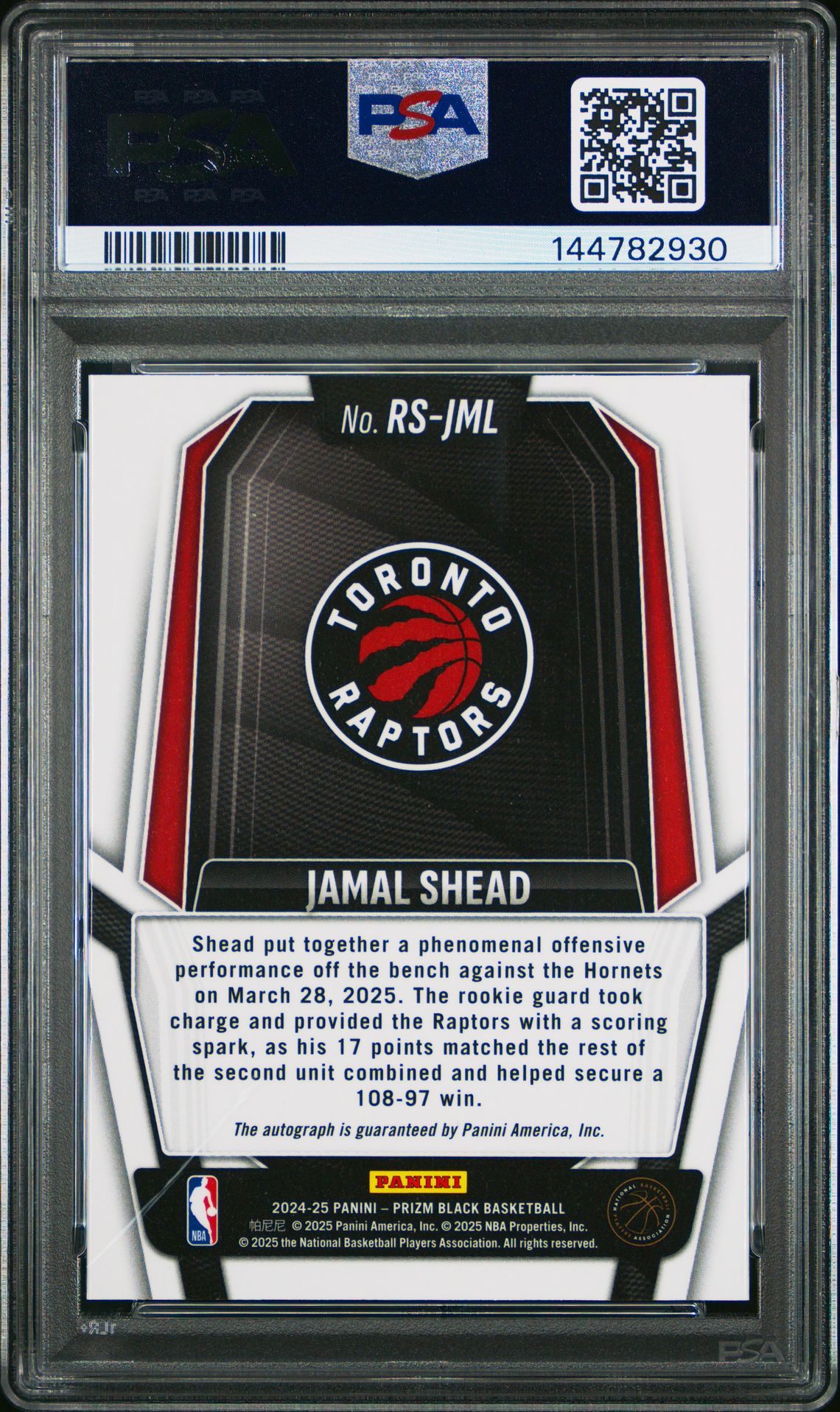 2024 Panini Prizm Black Rookie Signatures Jamal Shead #Rs-Jml Gem Mt 10 back
