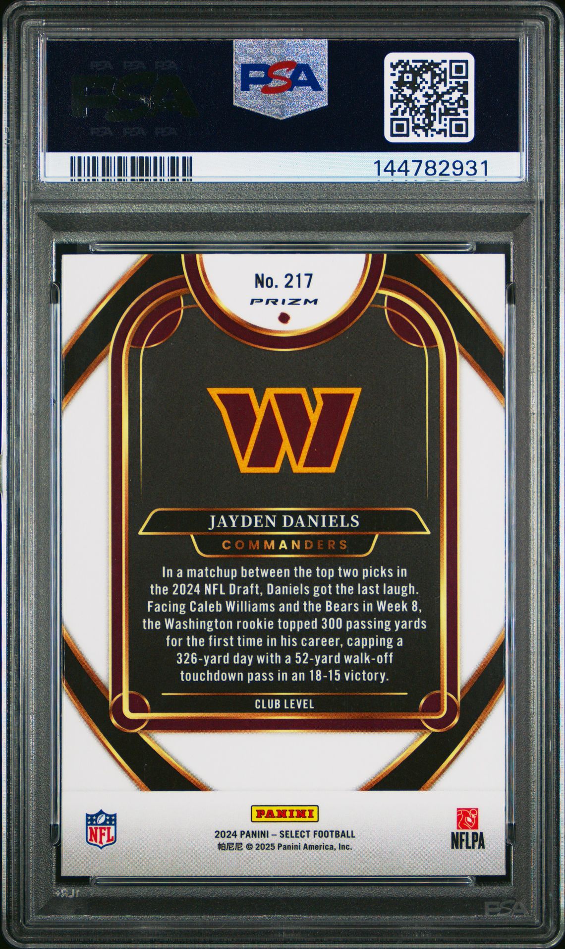 2024 Panini Select Jayden Daniels #217 (Red & Blue Shock) Gem Mt 10 back view - PSA certificate #144782931