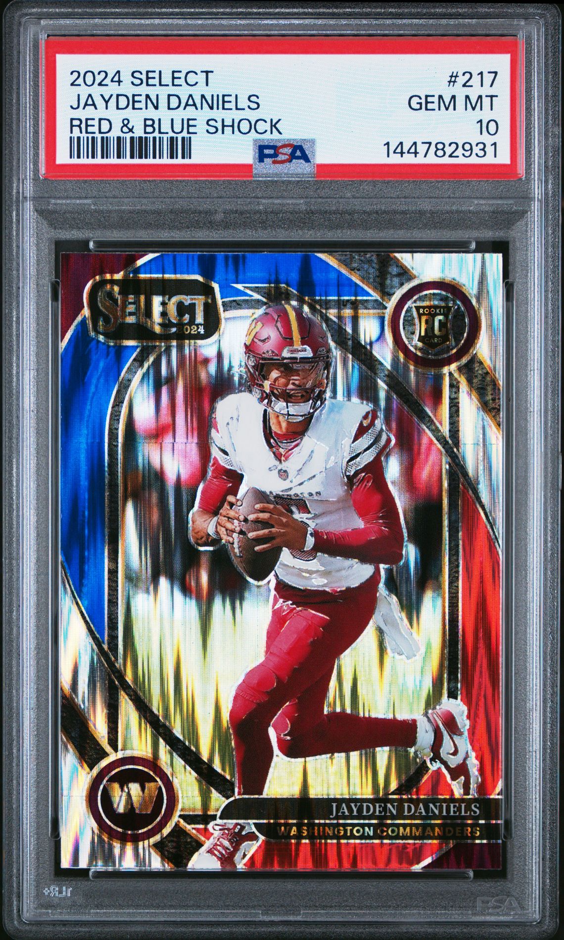 2024 Panini Select Jayden Daniels #217 (Red & Blue Shock) Gem Mt 10 front view - PSA graded GEM MT 10