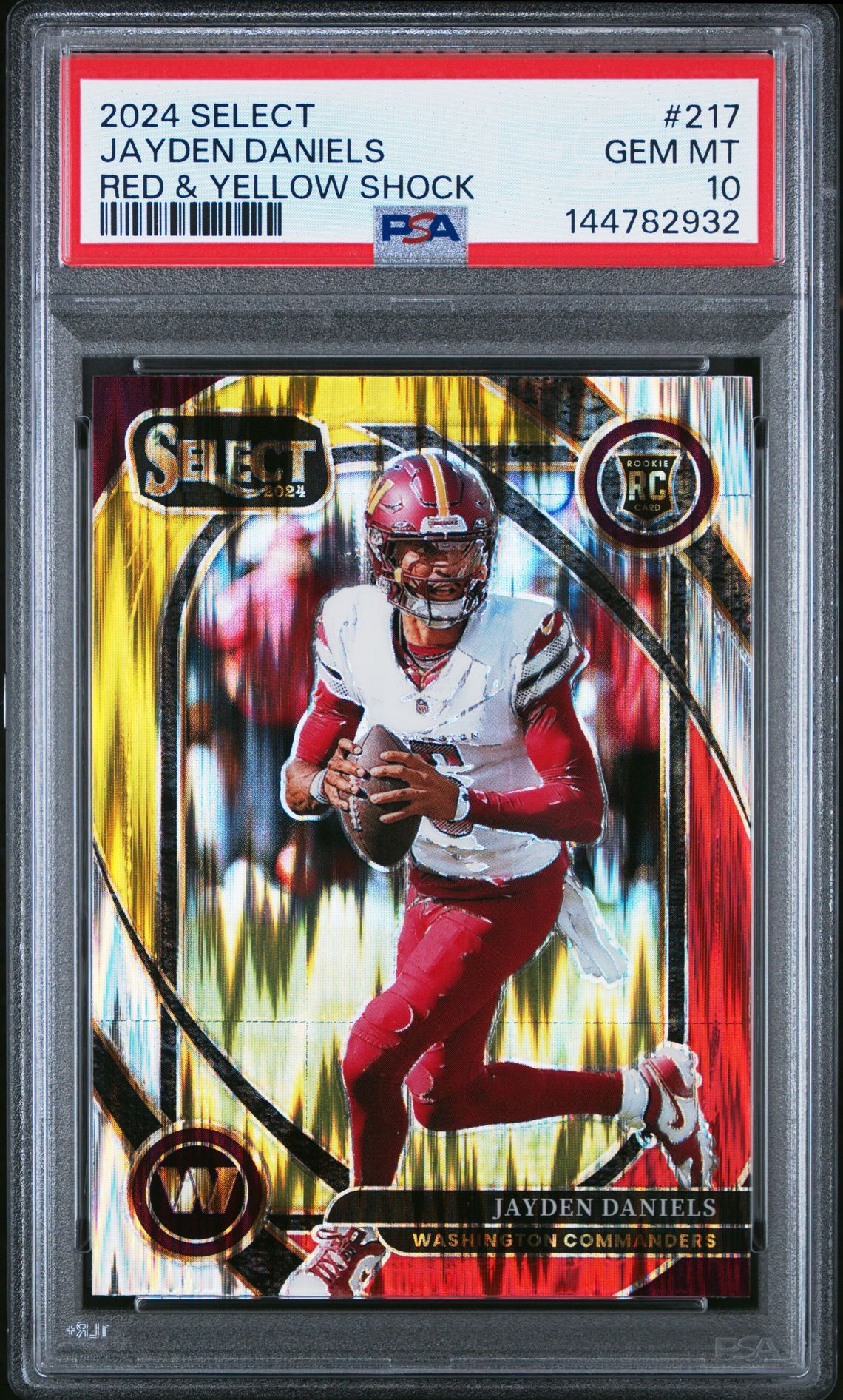 2024 Panini Select Jayden Daniels #217 (Red & Yellow Shock) Gem Mt 10 front view - PSA graded GEM MT 10