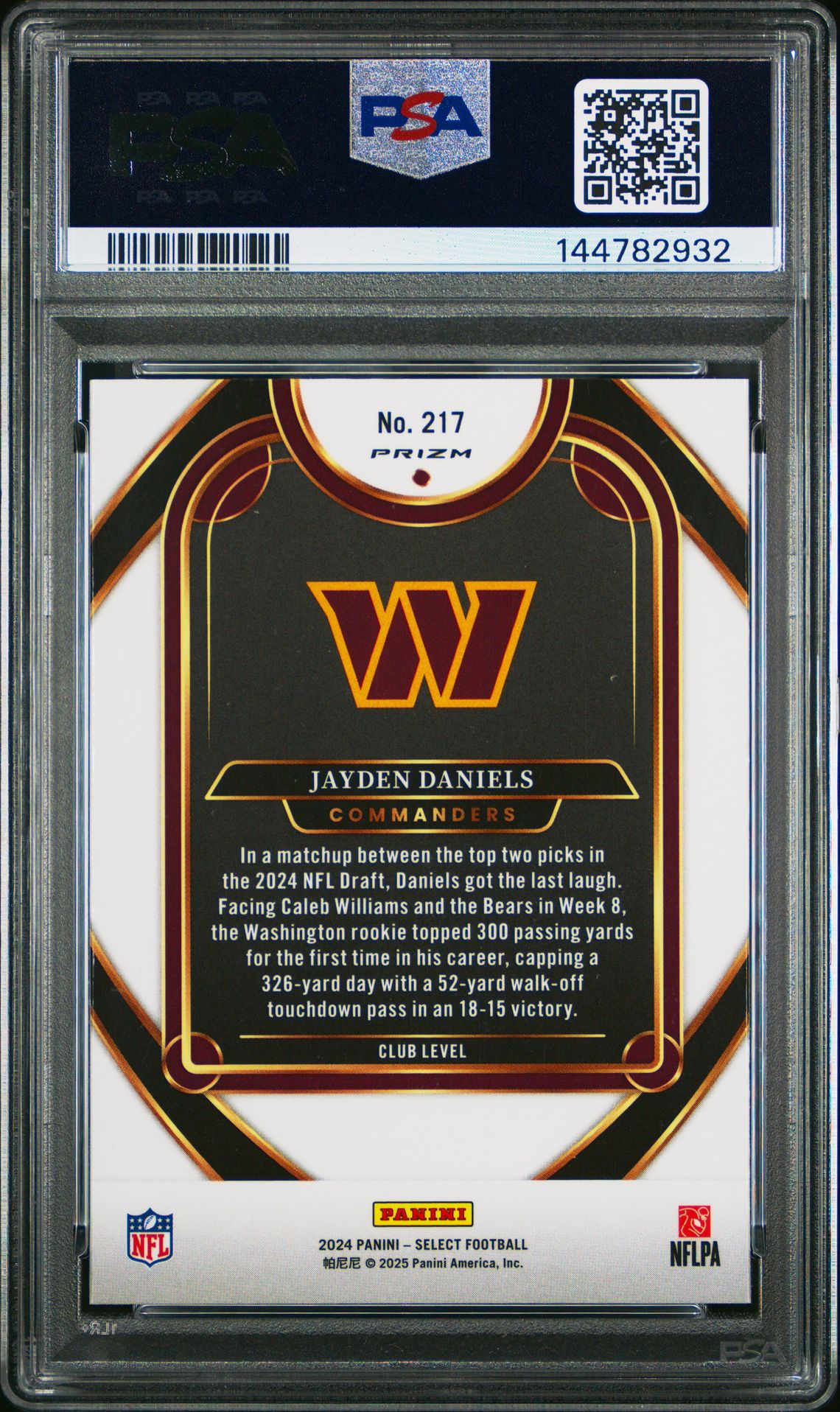 2024 Panini Select Jayden Daniels #217 (Red & Yellow Shock) Gem Mt 10 back view - PSA certificate #144782932