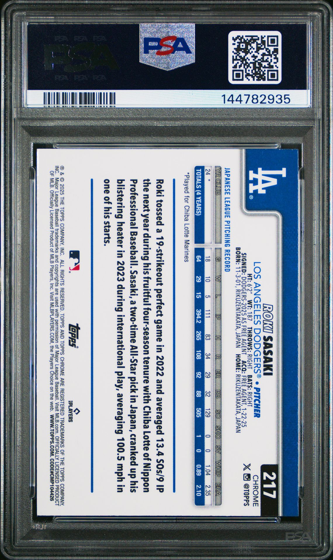 2025 Topps Chrome Roki Sasaki #217 (Negative Refractor) Nm-Mt 8 back