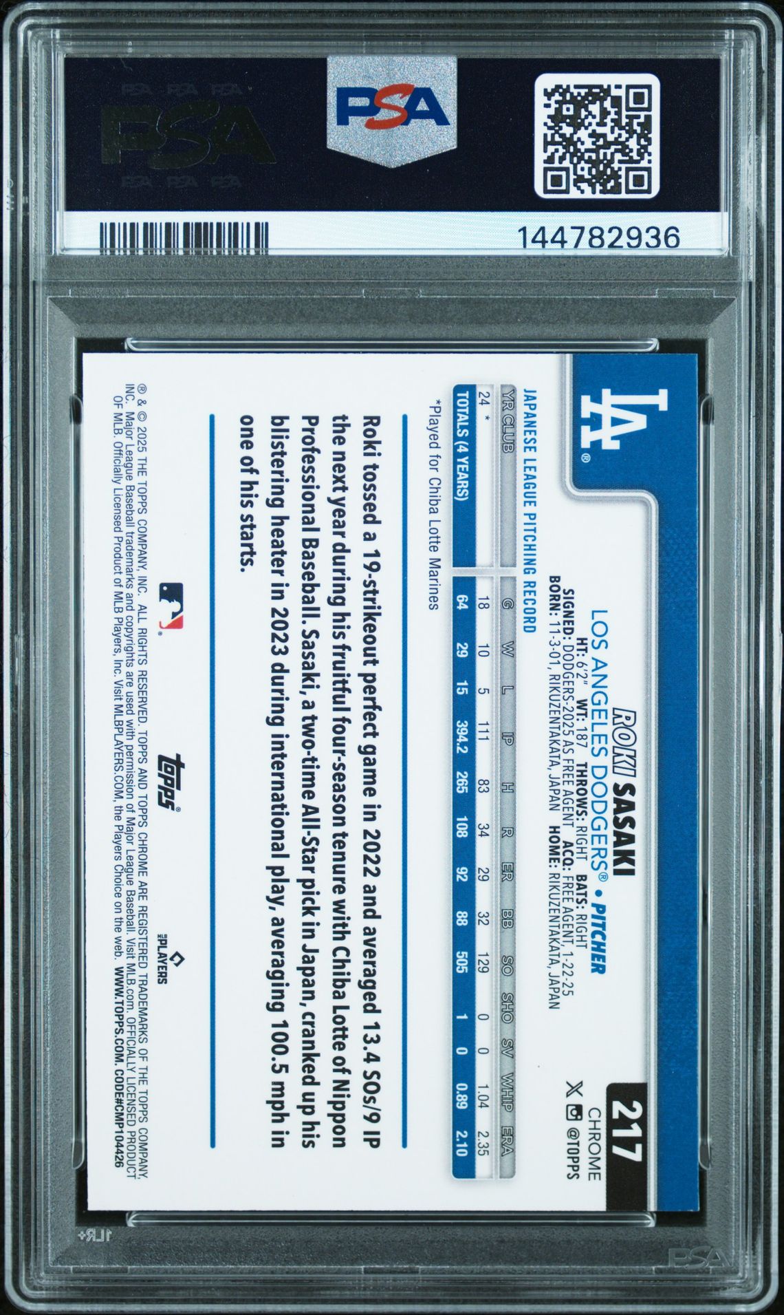 2025 Topps Chrome Roki Sasaki #217 (Raywave) Nm-Mt 8 back