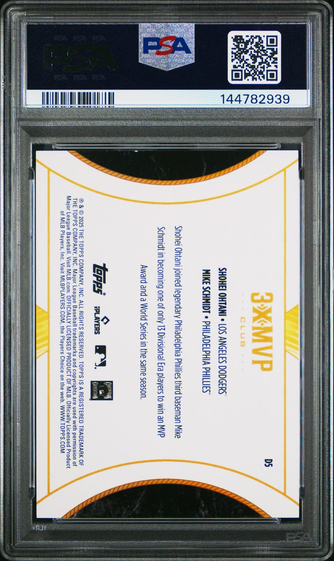 2025 Topps Welcome To The Club 3X Mvp 3X Mvp Dual Ohtani/Schmidt #D5 (Dual-Gold Foil) Mint 9 back