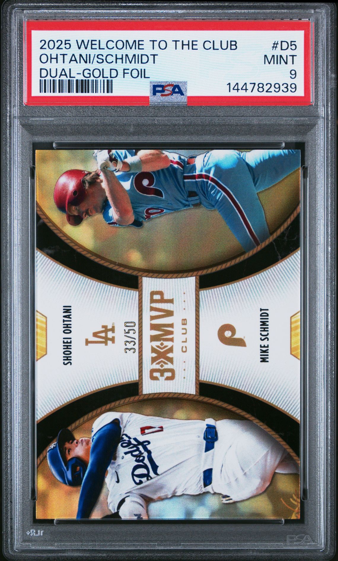2025 Topps Welcome To The Club 3X Mvp 3X Mvp Dual Ohtani/Schmidt #D5 (Dual-Gold Foil) Mint 9 front