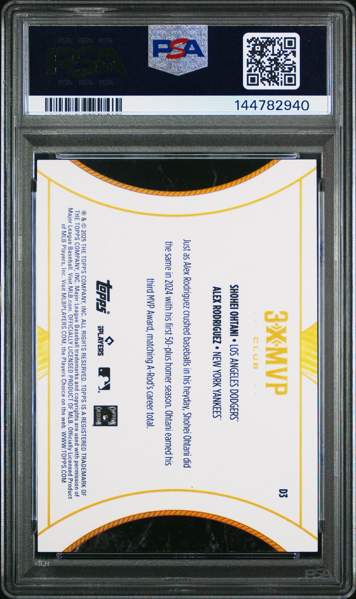 2025 Topps Welcome To The Club 3X Mvp 3X Mvp Dual Ohtani/Rodriguez #D3 (Dual-Pink Foil) Gem Mt 10 back