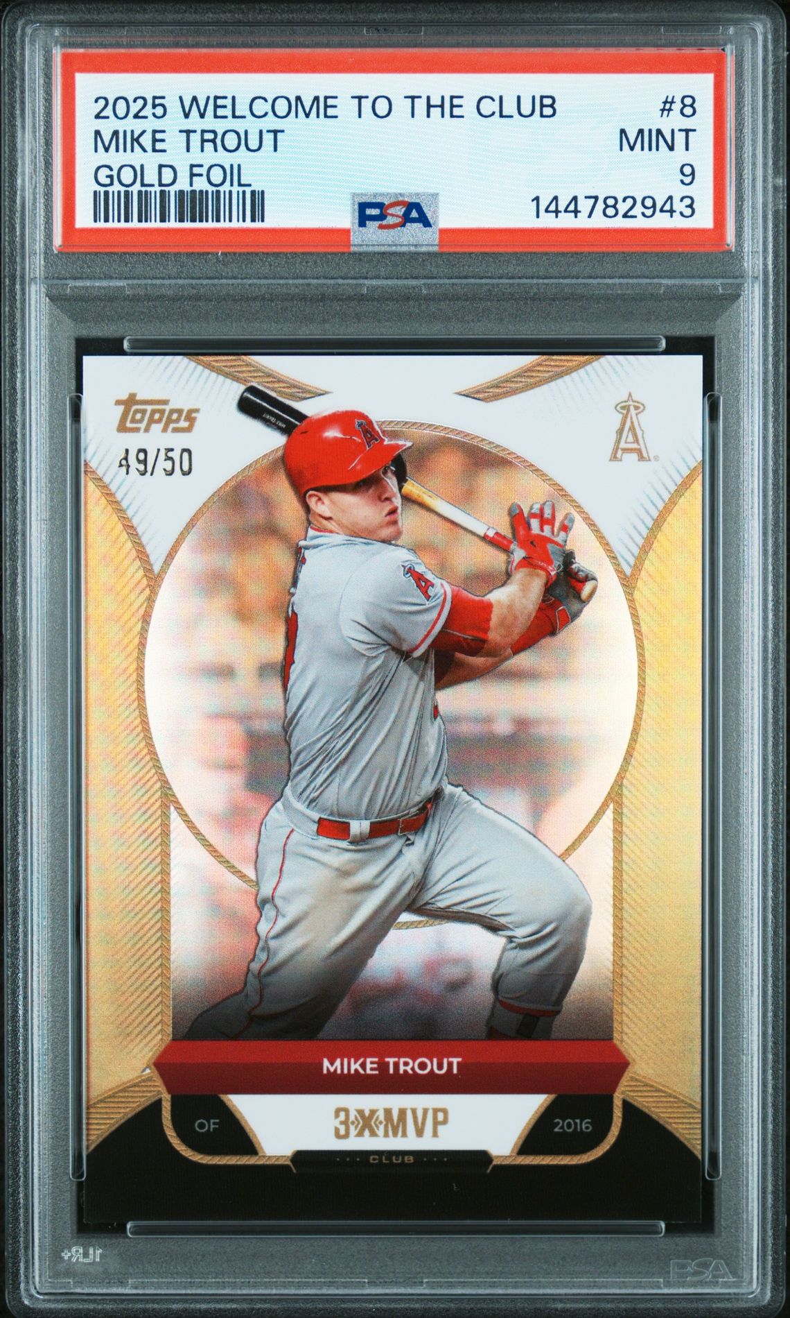 2025 Topps Welcome To The Club 3X Mvp Mike Trout #8 (Gold Foil) Mint 9 front