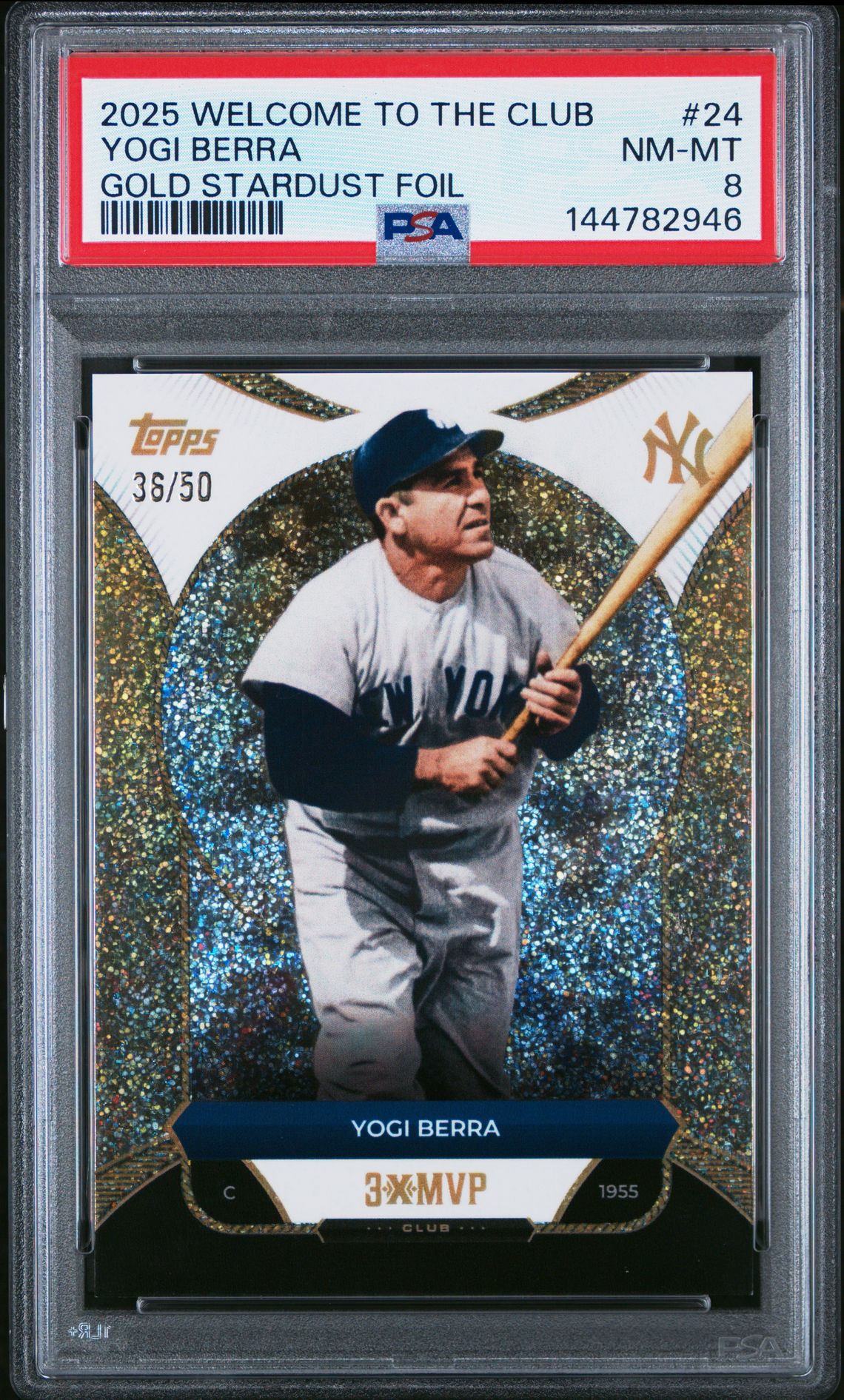 2025 Topps Welcome To The Club 3X Mvp Yogi Berra #24 (Gold Stardust Foil) Nm-Mt 8 front
