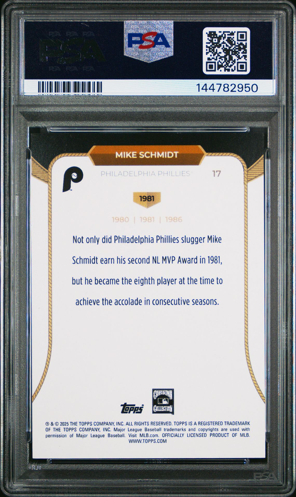 2025 Topps Welcome To The Club 3X Mvp Mike Schmidt #17 (Green Foil) Gem Mt 10 back
