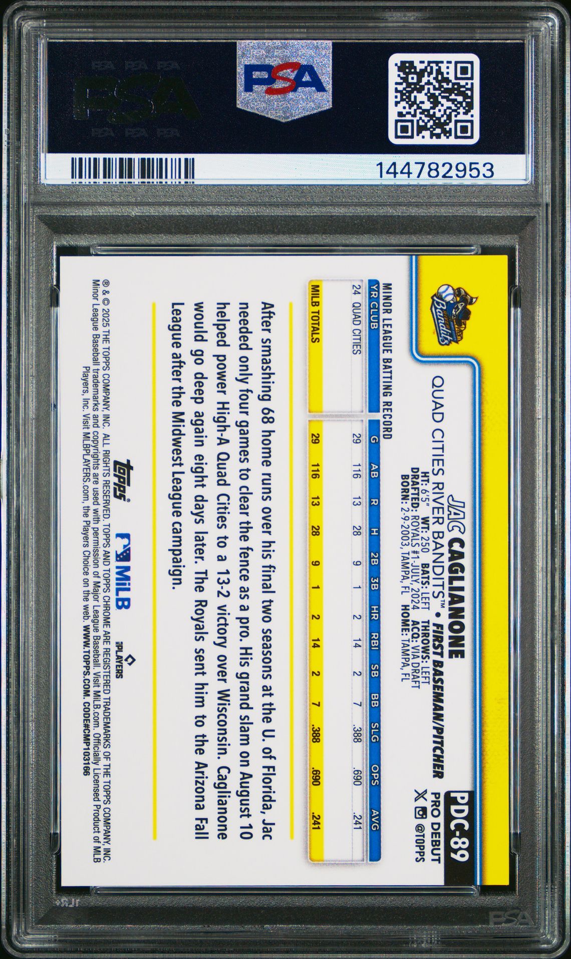 2025 Topps Pro Debut Jac Caglianone #89 (Chr-Gold Mini Diamond Ref) Mint 9 back