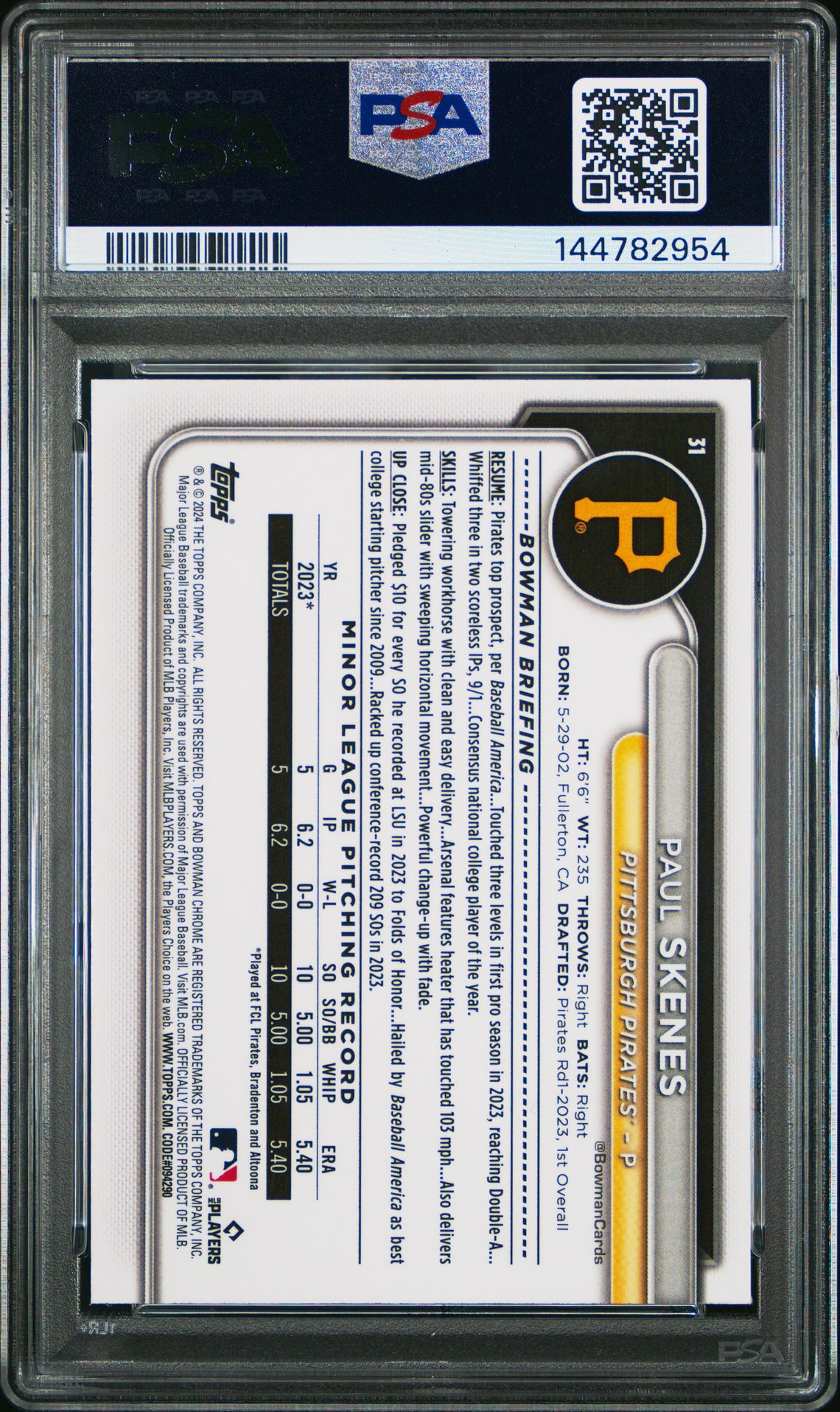 2024 Bowman Chrome Mega Box Paul Skenes #31 Mint 9 back