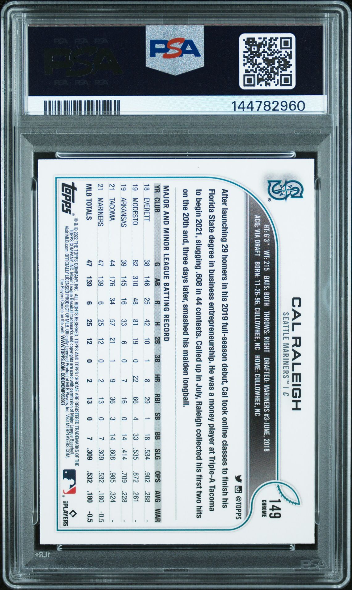 2022 Topps Chrome Cal Raleigh #149 (Prism Refractor) Mint 9 back