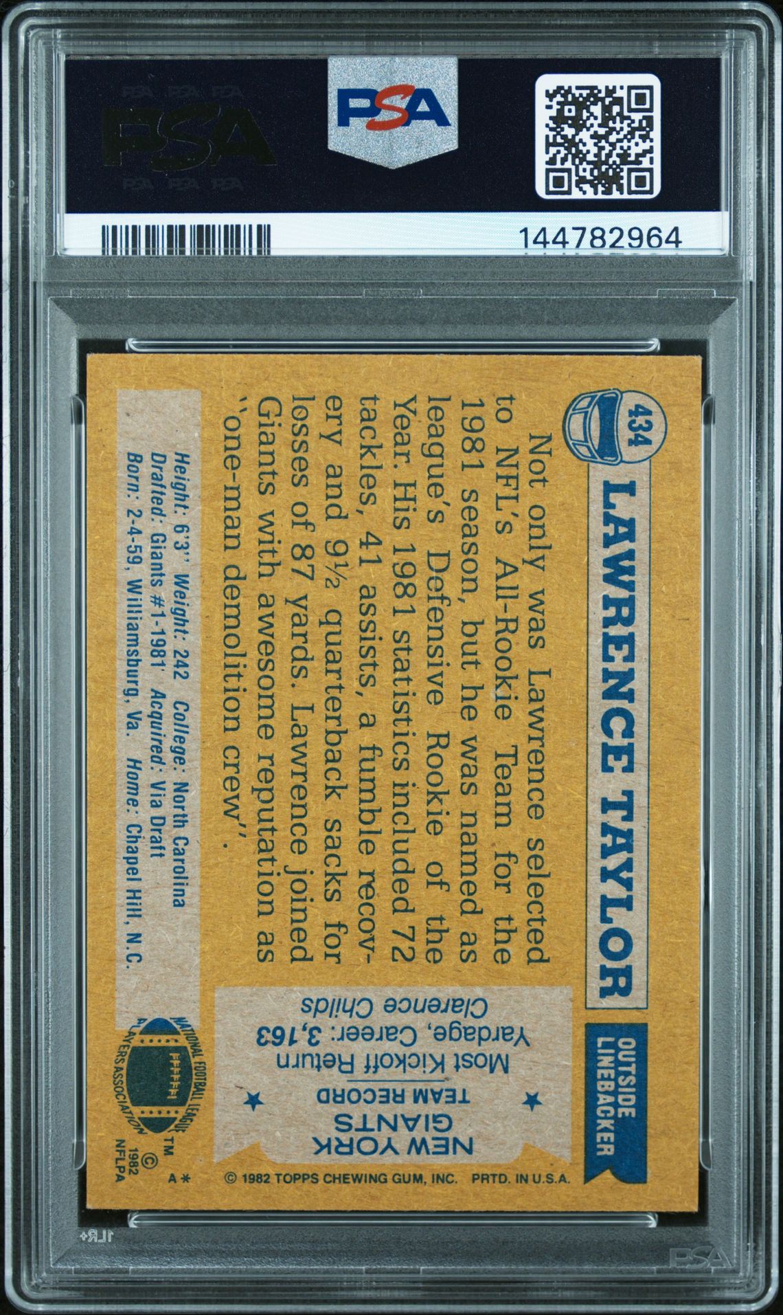 1982 Topps Lawrence Taylor #434 (All-Pro) Ex 5 back