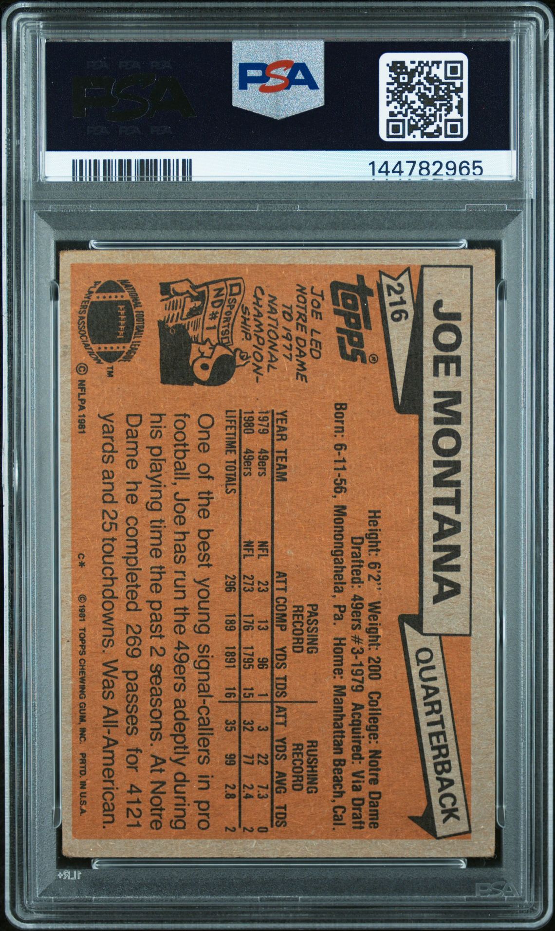 1981 Topps Joe Montana #216 Good 2 back