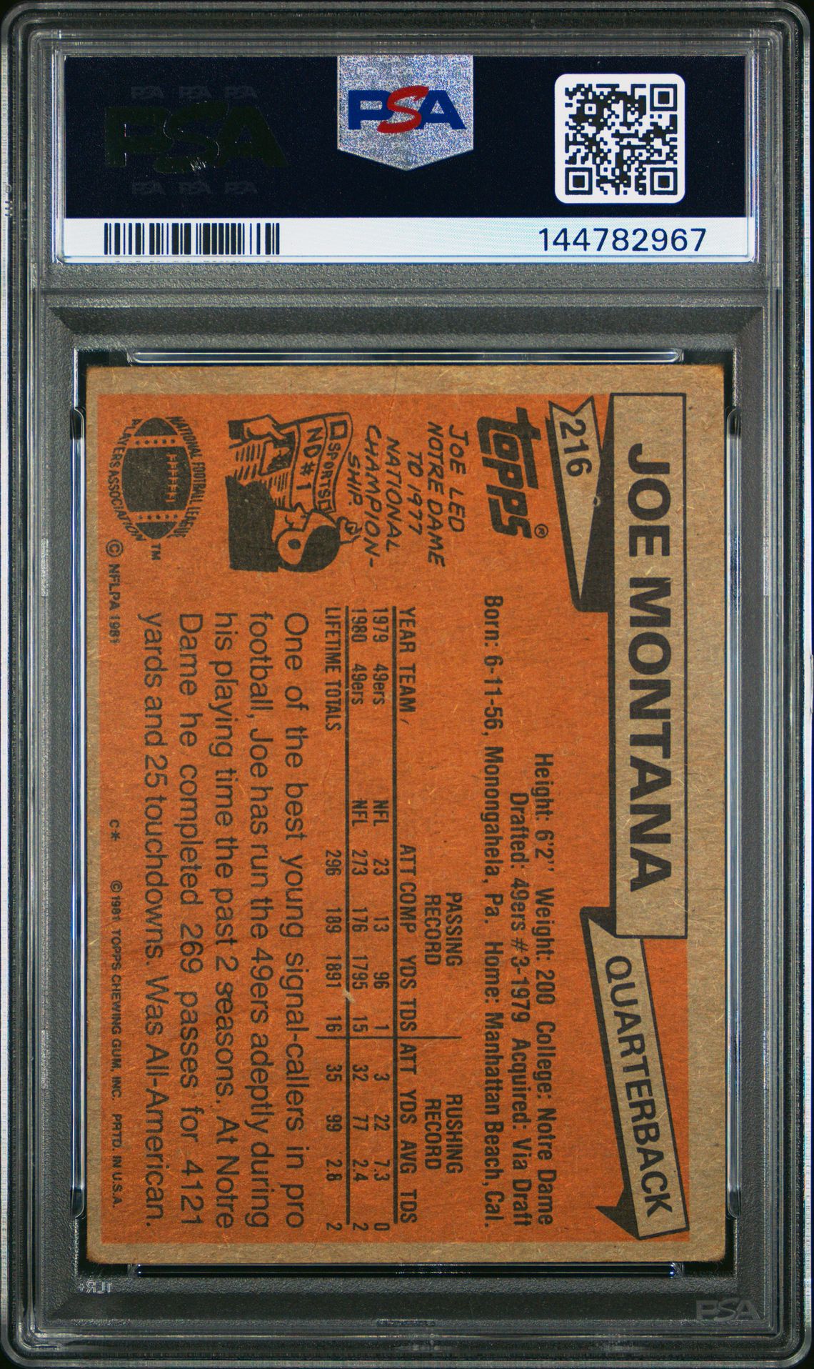 1981 Topps Joe Montana #216 Pr 1 back