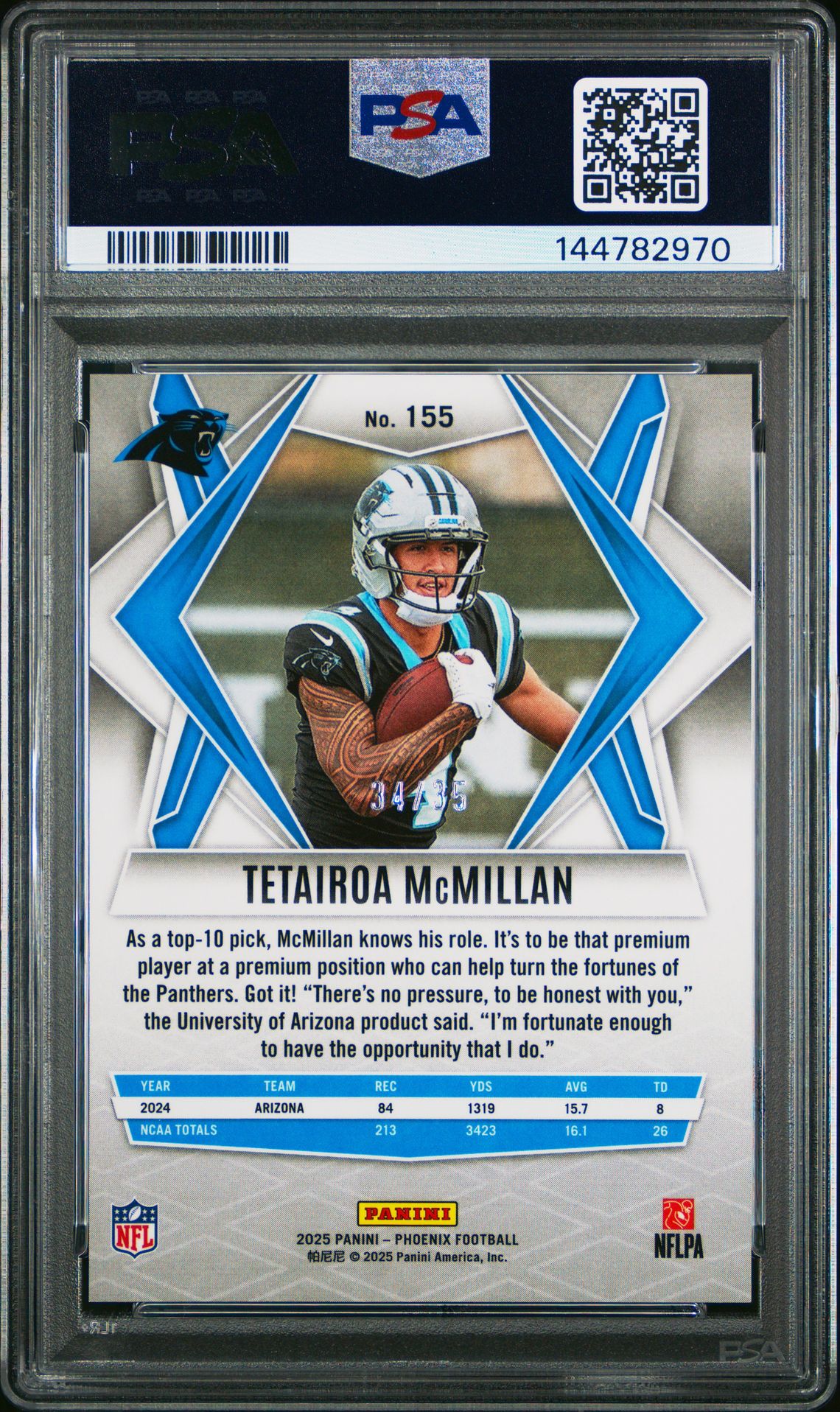 2025 Panini Phoenix Tetairoa Mcmillan #155 (Blue Seismic) Gem Mt 10 back