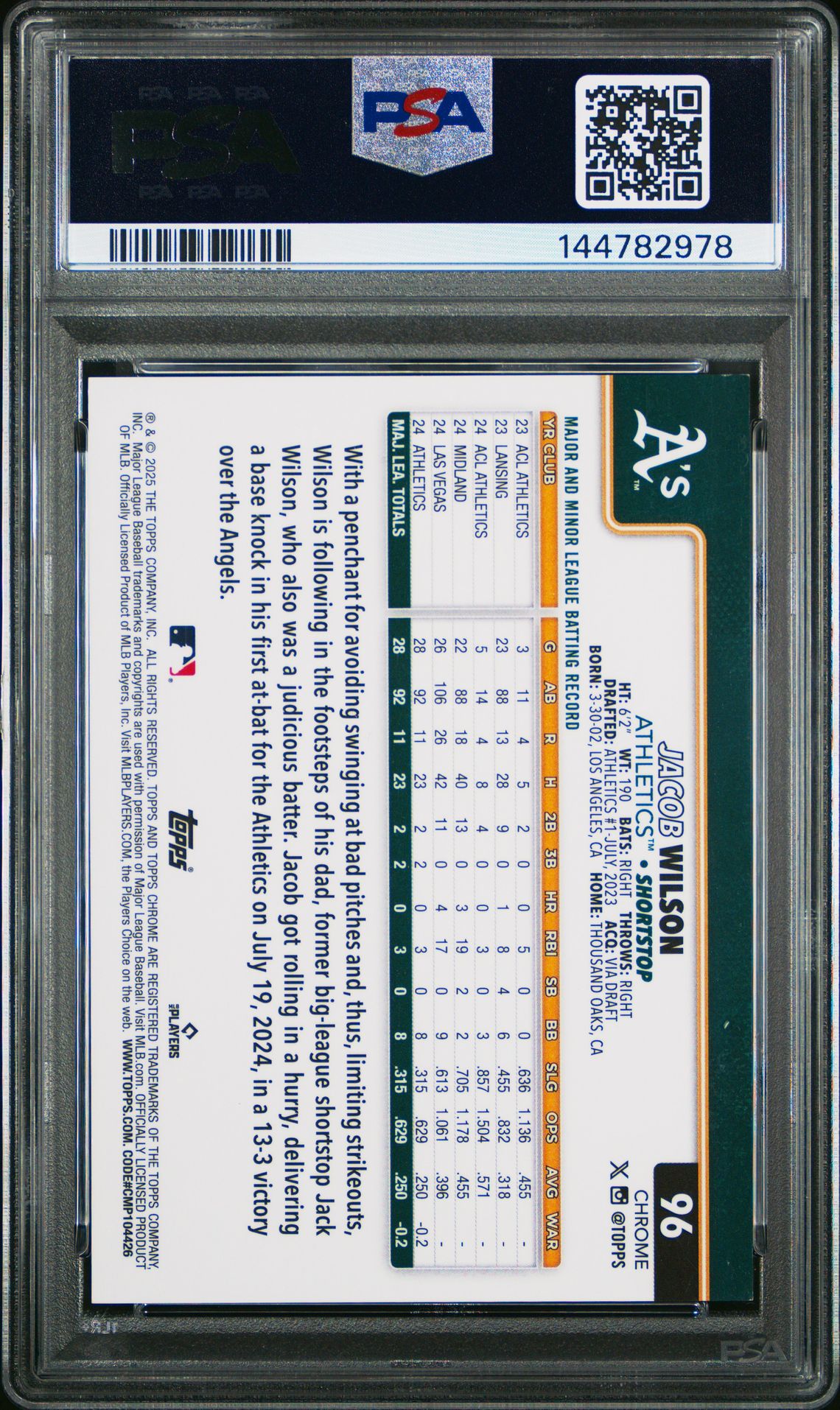 2025 Topps Chrome Jacob Wilson #96 (Orange Geometric) Nm-Mt 8 back