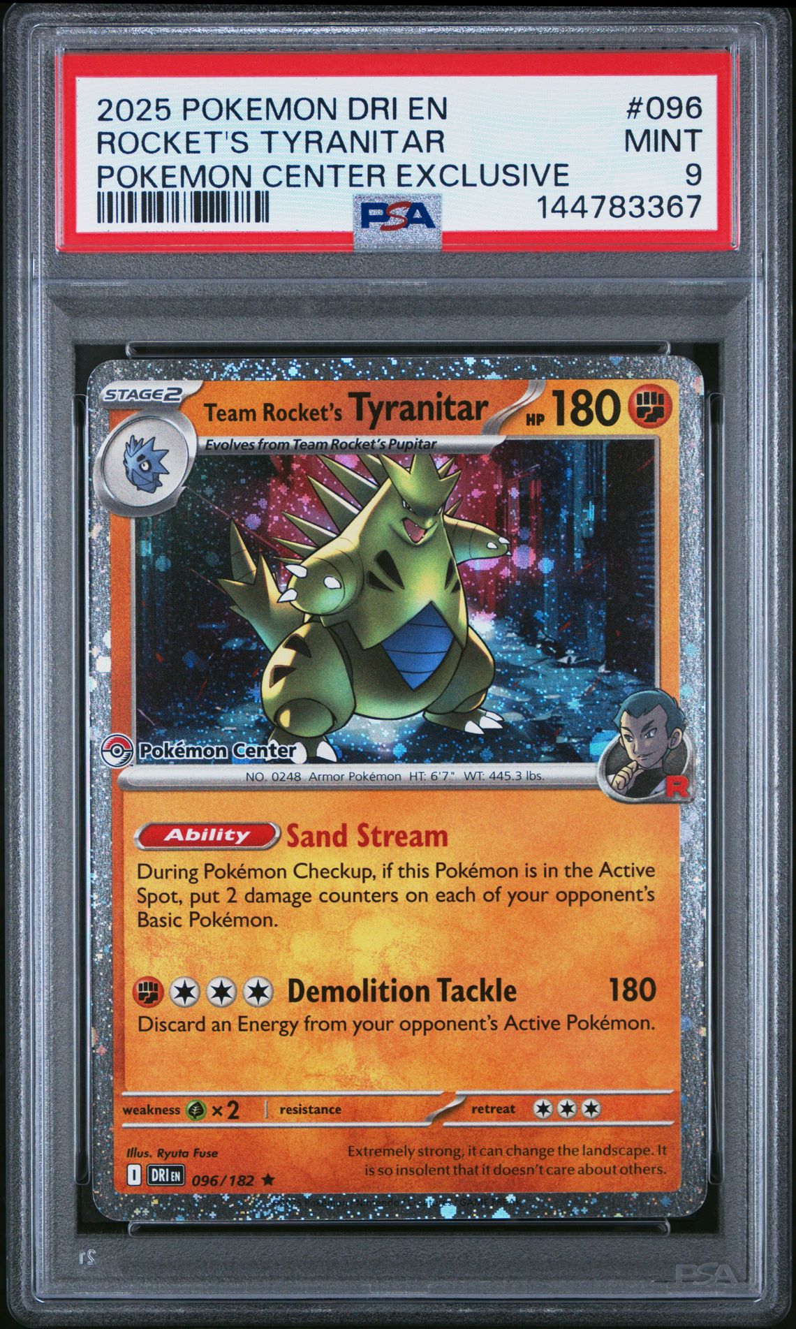 2025 Pokemon Dri En-Destined Rivals Rocket's Tyranitar #096 (Pokemon Center Exclusive) Mint 9 front