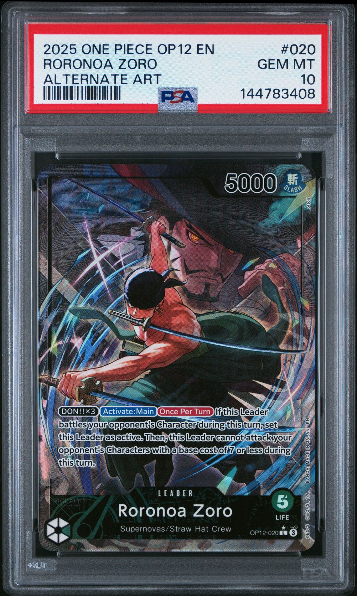 2025 One Piece Op12-Legacy Of The Master Roronoa Zoro #020 (Alternate Art) Gem Mt 10 front