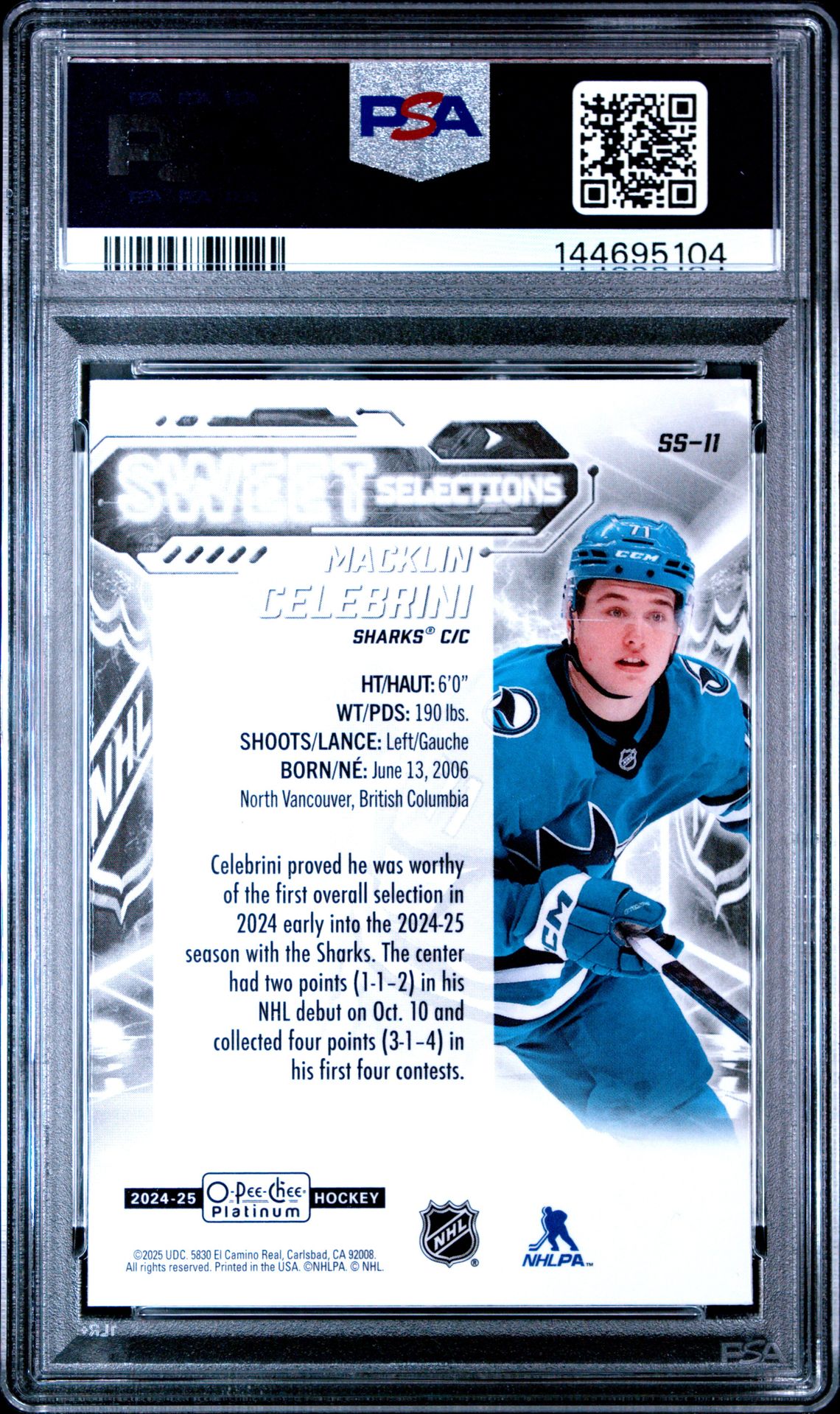 2024 Upper Deck O-Pee-Chee Platinum Sweet Selections Macklin Celebrini #Ss11 Gem Mt 10 back
