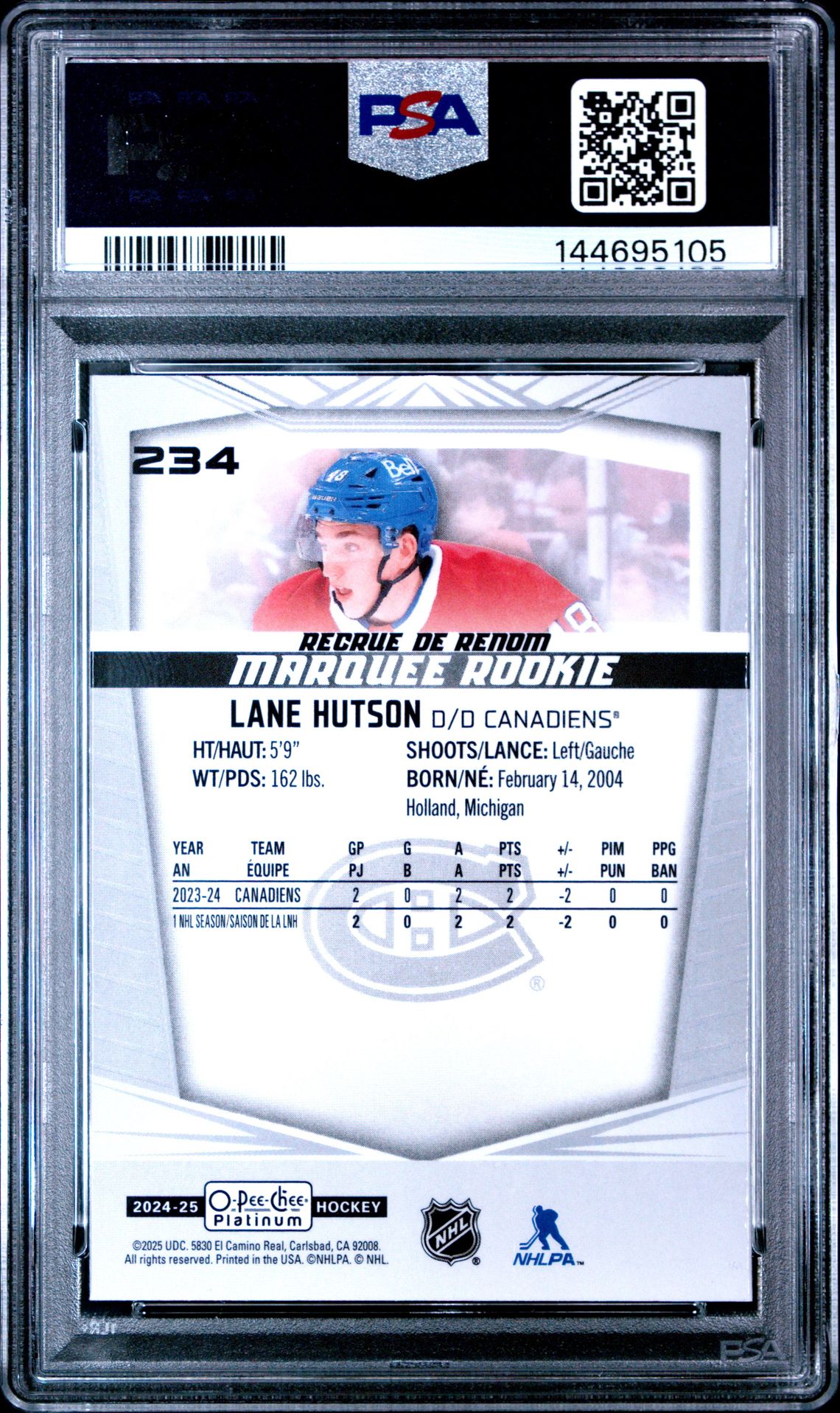 2024 Upper Deck O-Pee-Chee Platinum Lane Hutson #234 Gem Mt 10 back