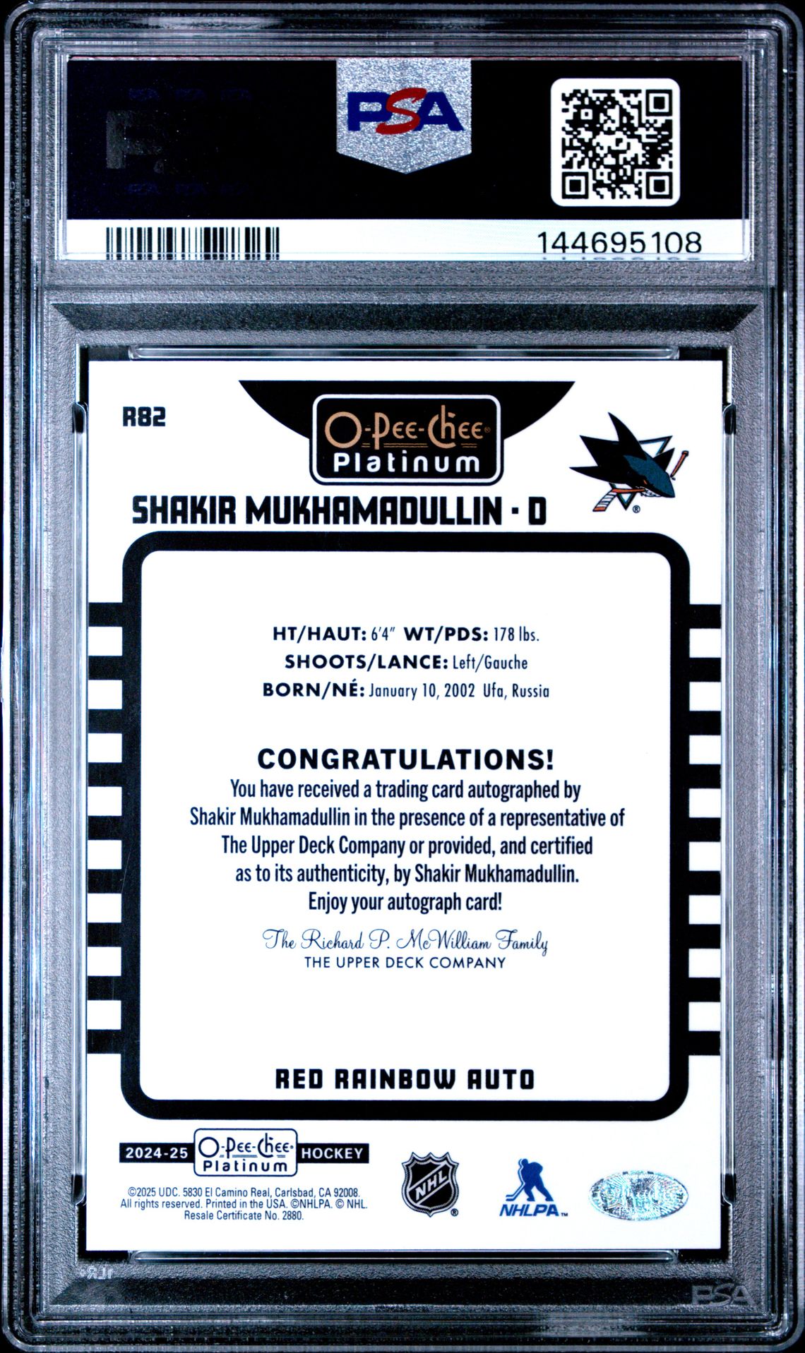 2024 Upper Deck O-Pee-Chee Platinum Retro Shakir Mukhamadullin #R82 (Retro-Red Rainbow Auto) Mint 9 back