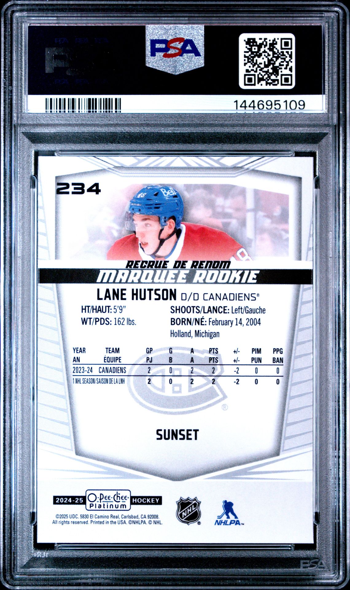 2024 Upper Deck O-Pee-Chee Platinum Lane Hutson #234 (Sunset) Mint 9 back
