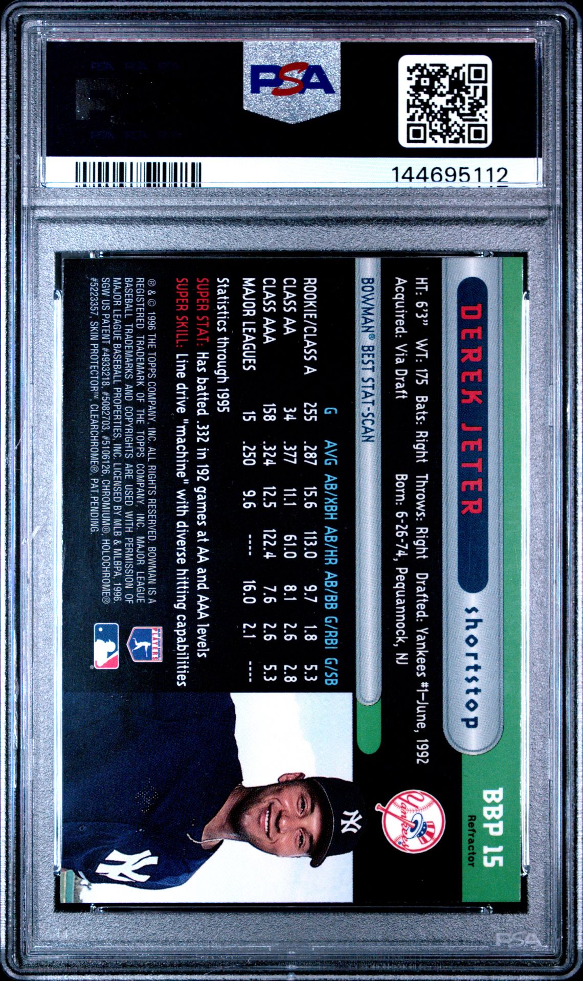 1996 Bowman's Best Preview Derek Jeter #Bbp15 (Preview-Refractor) Mint 9 back