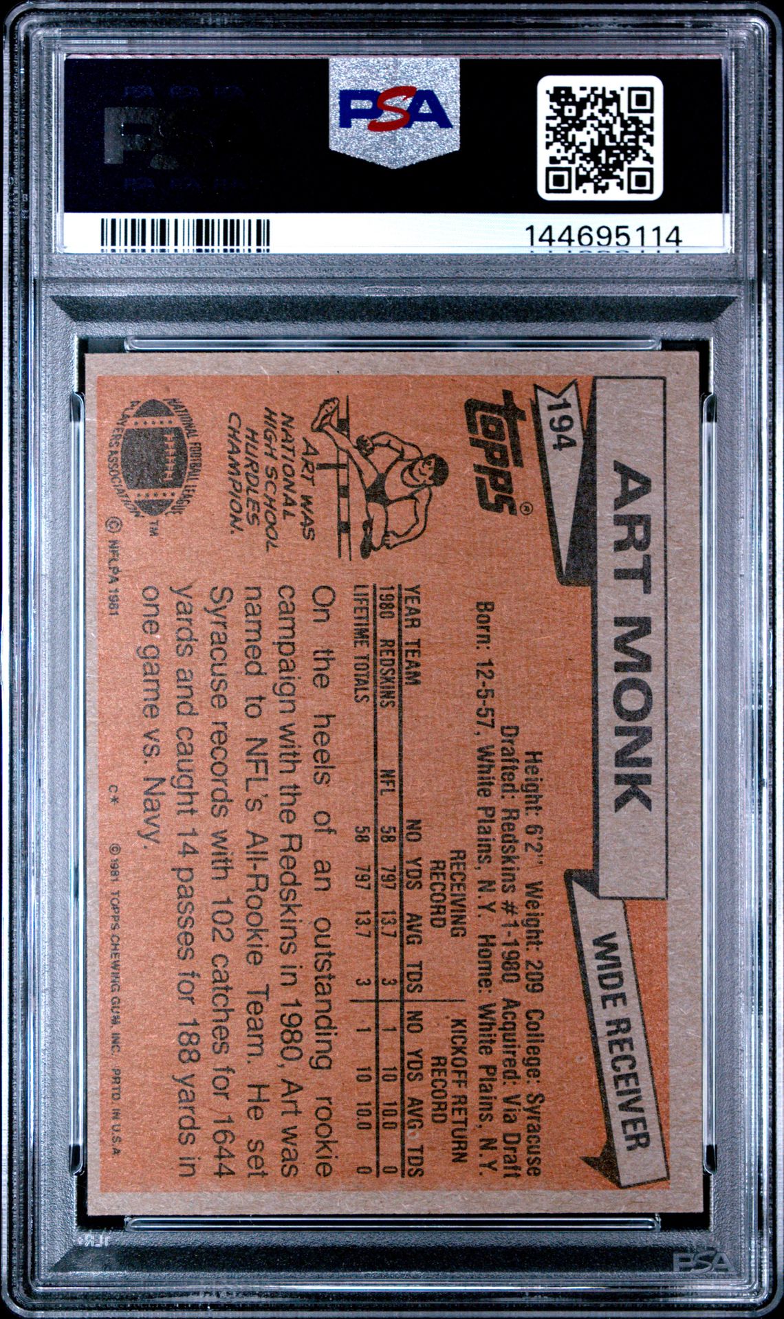 1981 Topps Art Monk #194 Nm 7 back