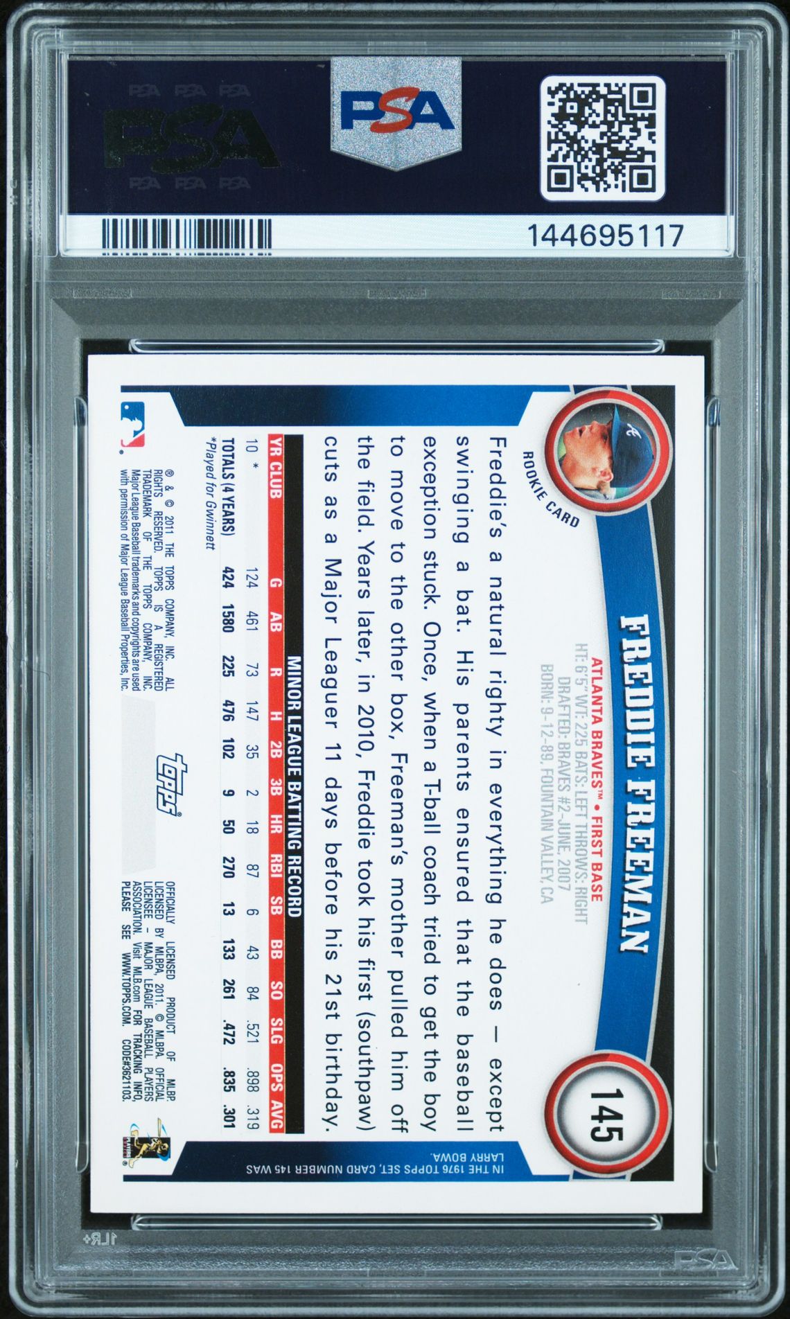 2011 Topps Freddie Freeman #145 Mint 9 back