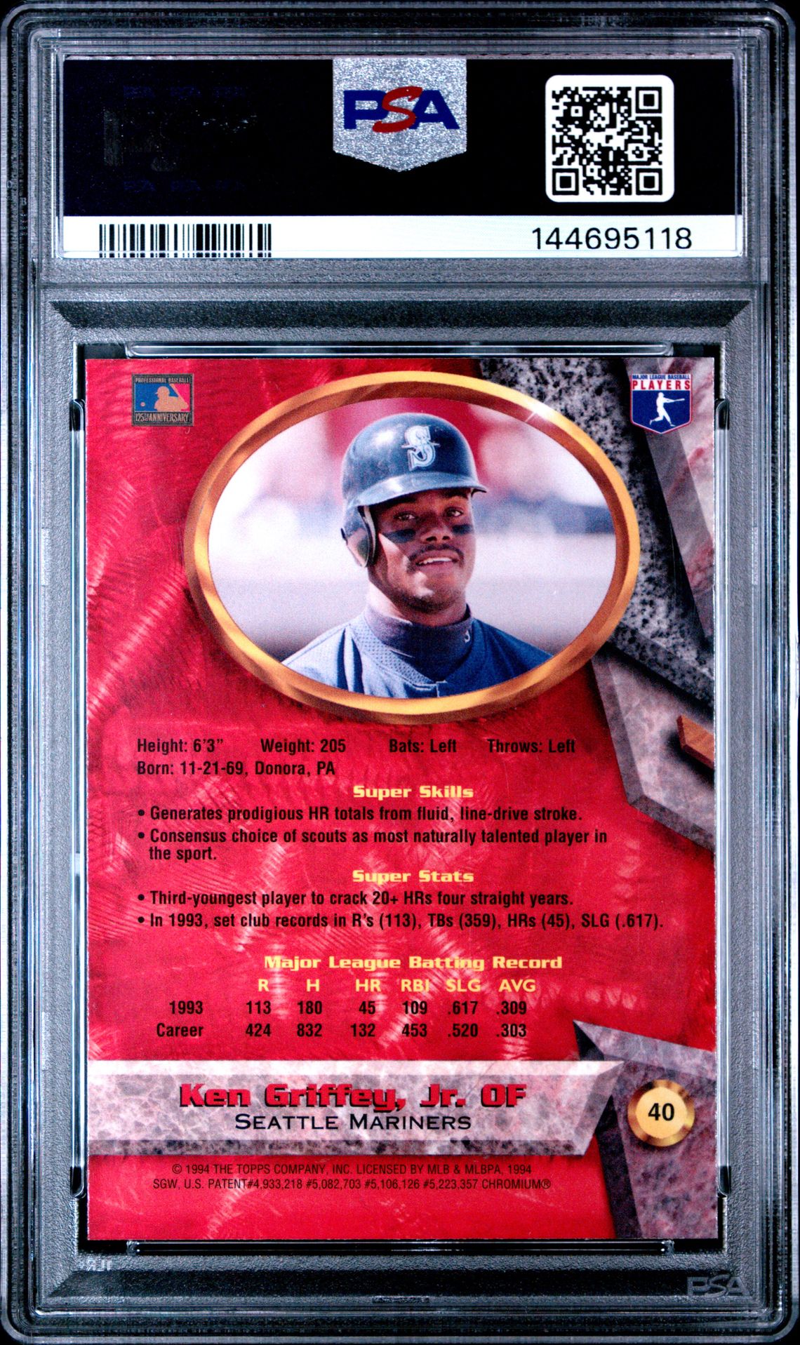 1994 Bowman's Best Ken Griffey Jr. #40 (Red) Nm-Mt 8 back