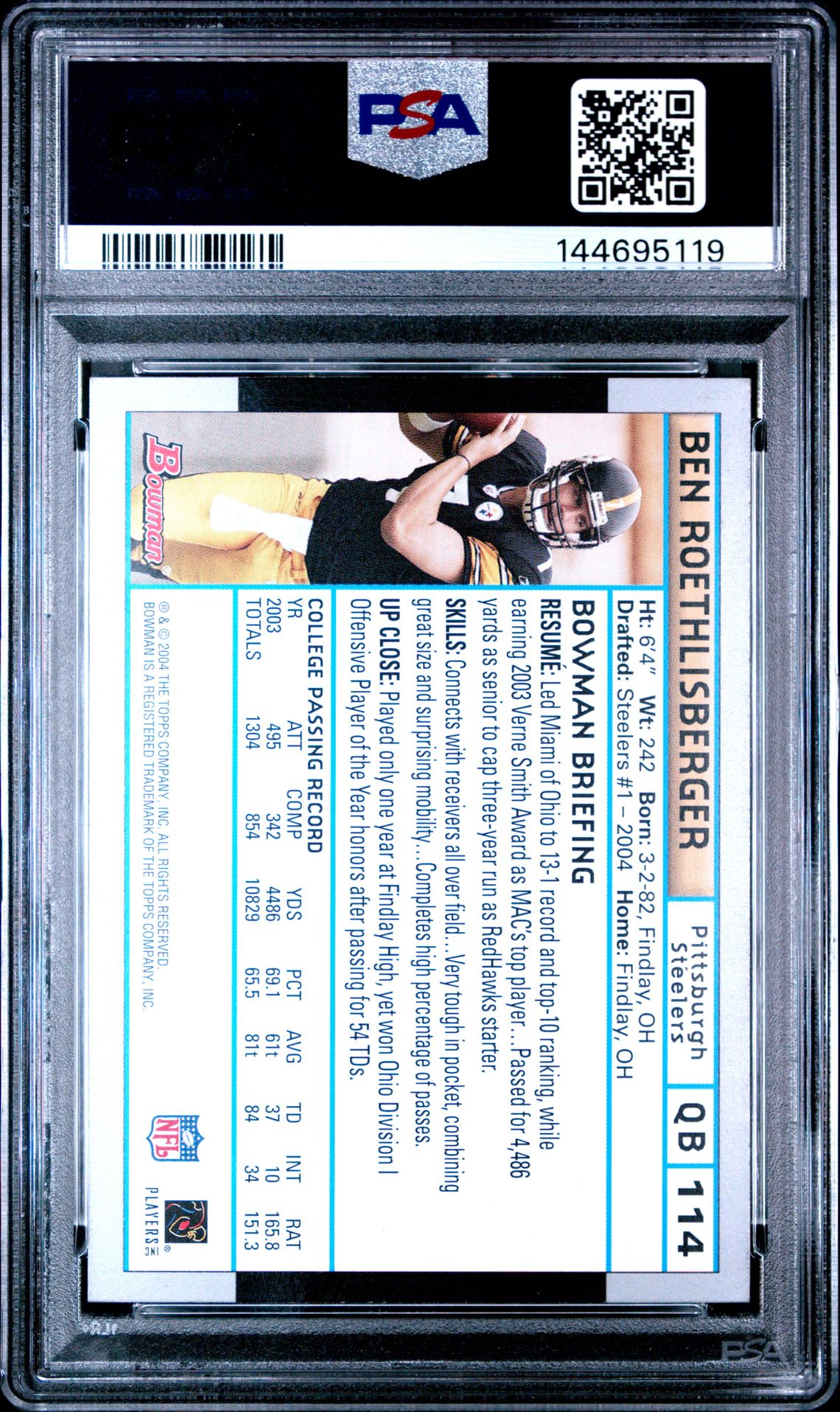 2004 Bowman Ben Roethlisberger #114 Mint 9 back