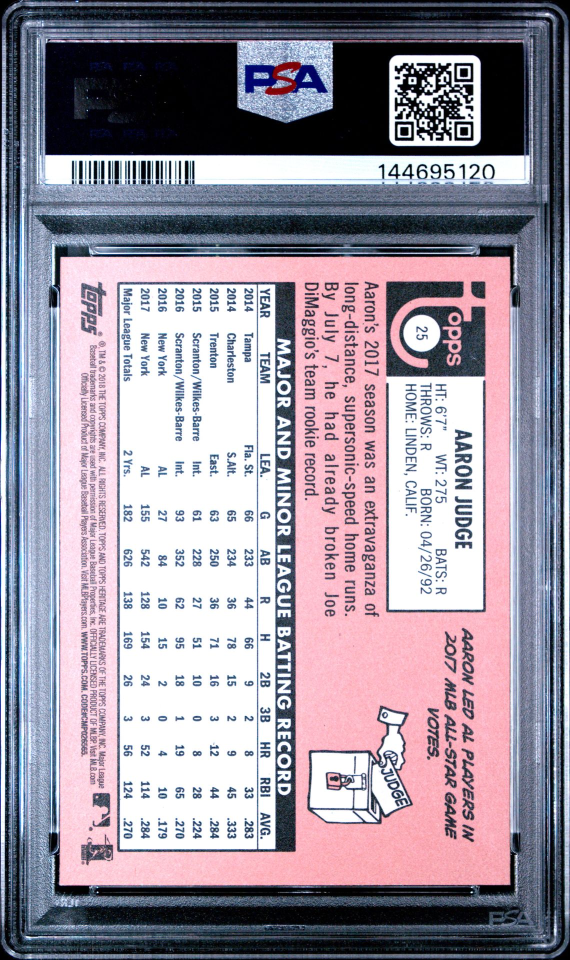 2018 Topps Heritage Aaron Judge #25 Gem Mt 10 back