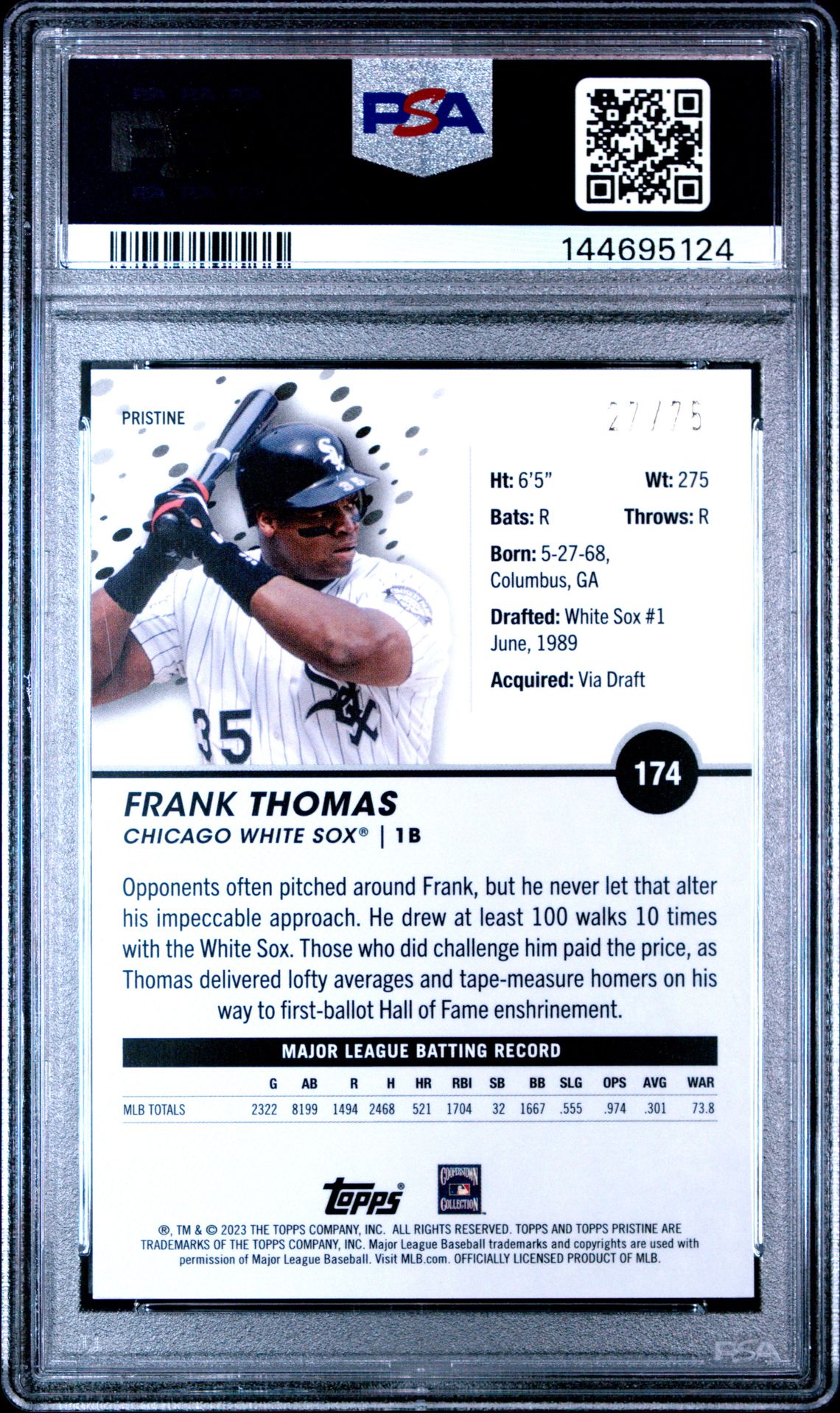 2023 Topps Pristine Frank Thomas #174 (Pristine Blue) Gem Mt 10 back