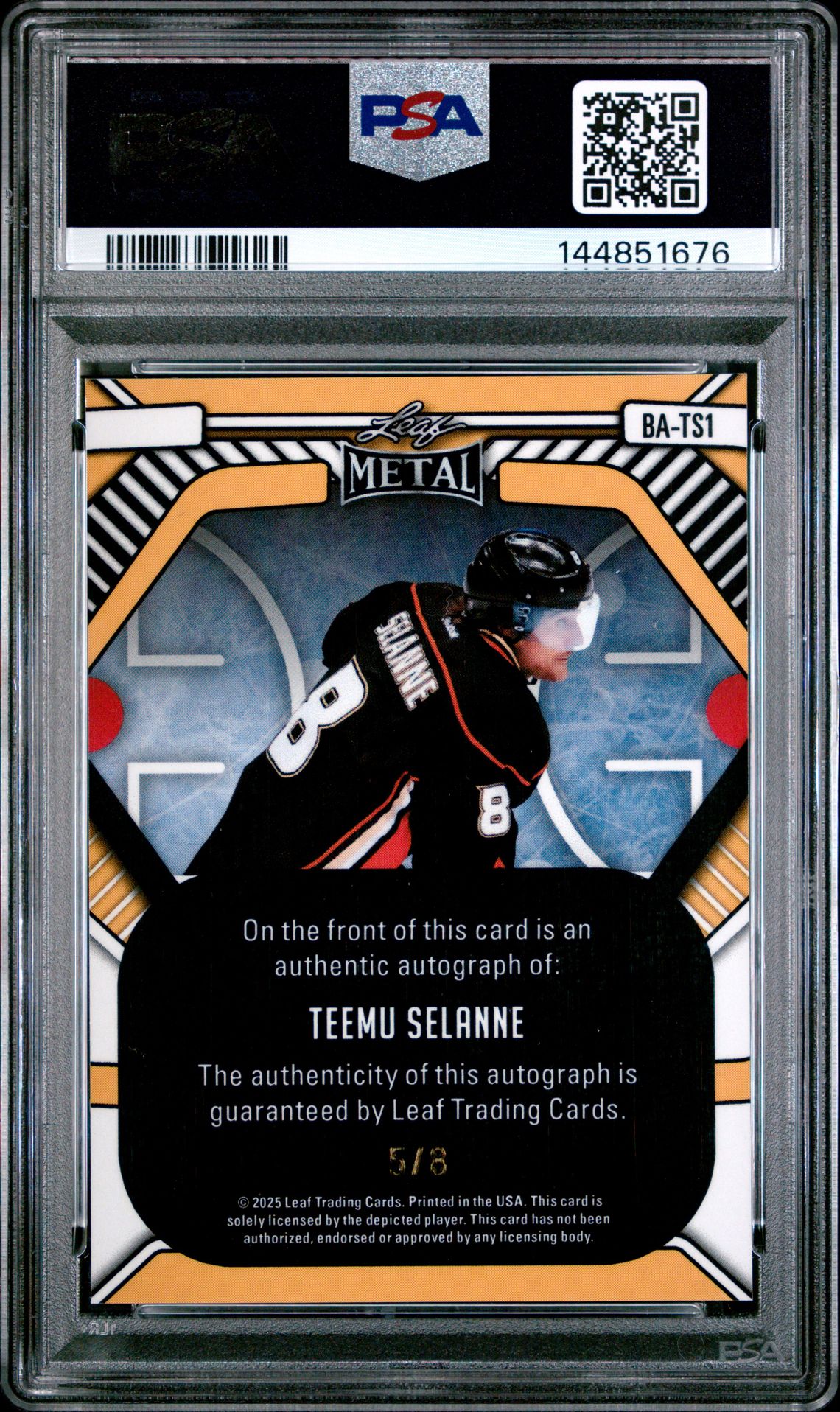2025 Leaf Metal Legends Autographs Teemu Selanne #Bats1 (Autograph-Blue Prismatic) Mint 9 back