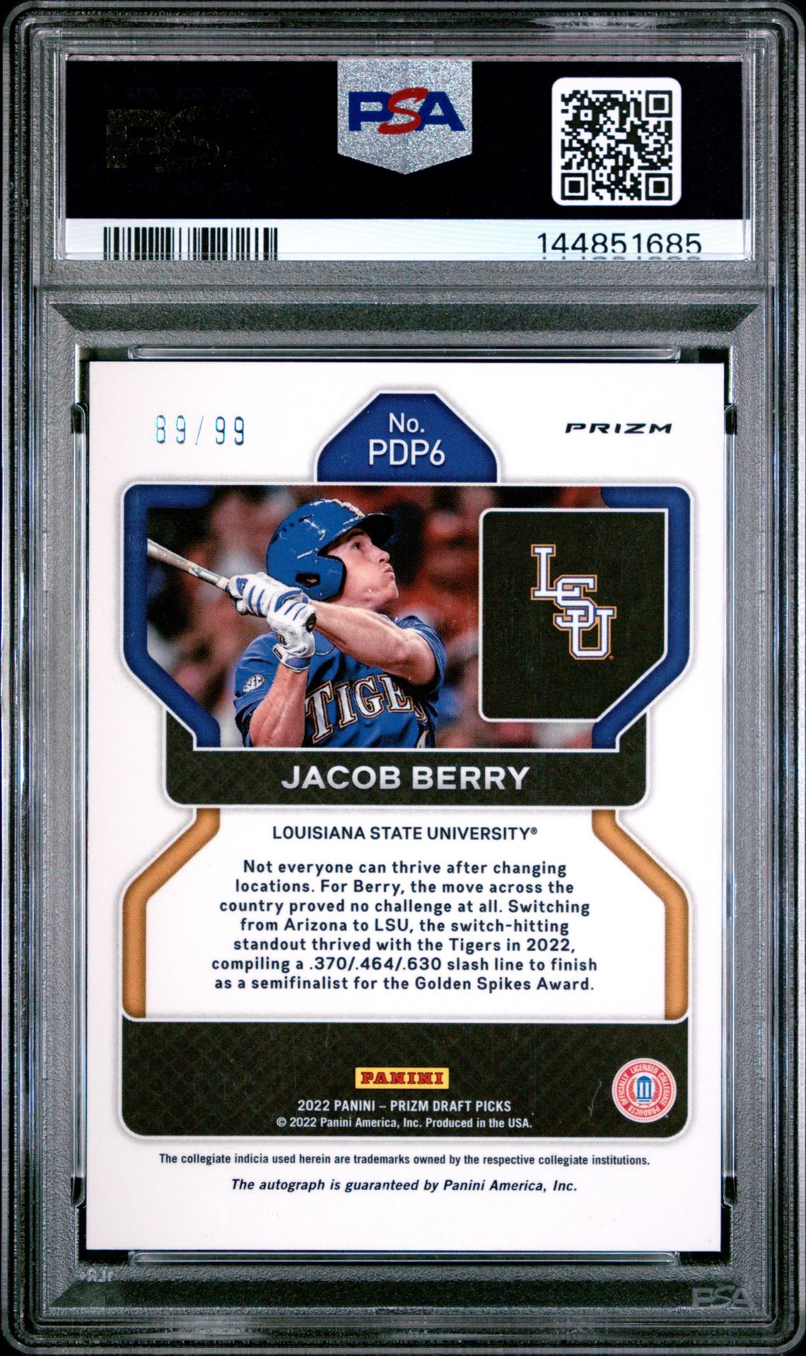 2022 Panini Prizm Draft Picks Jacob Berry #Pdp6 (Autograph-Blue Prizm) Gem Mt 10 back