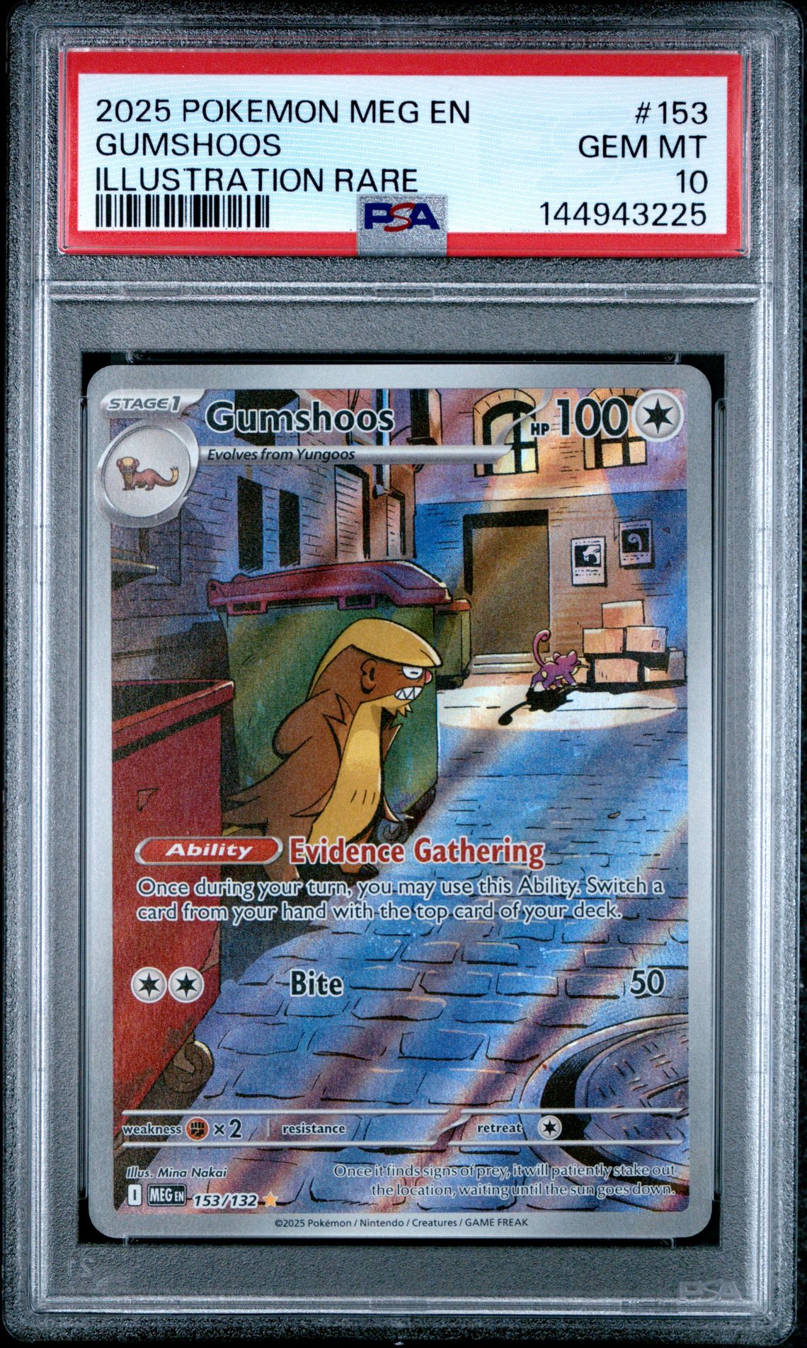 2025 Pokemon Meg En-Mega Evolution Gumshoos #153 (Illustration Rare) Gem Mt 10 front view - PSA graded GEM MT 10