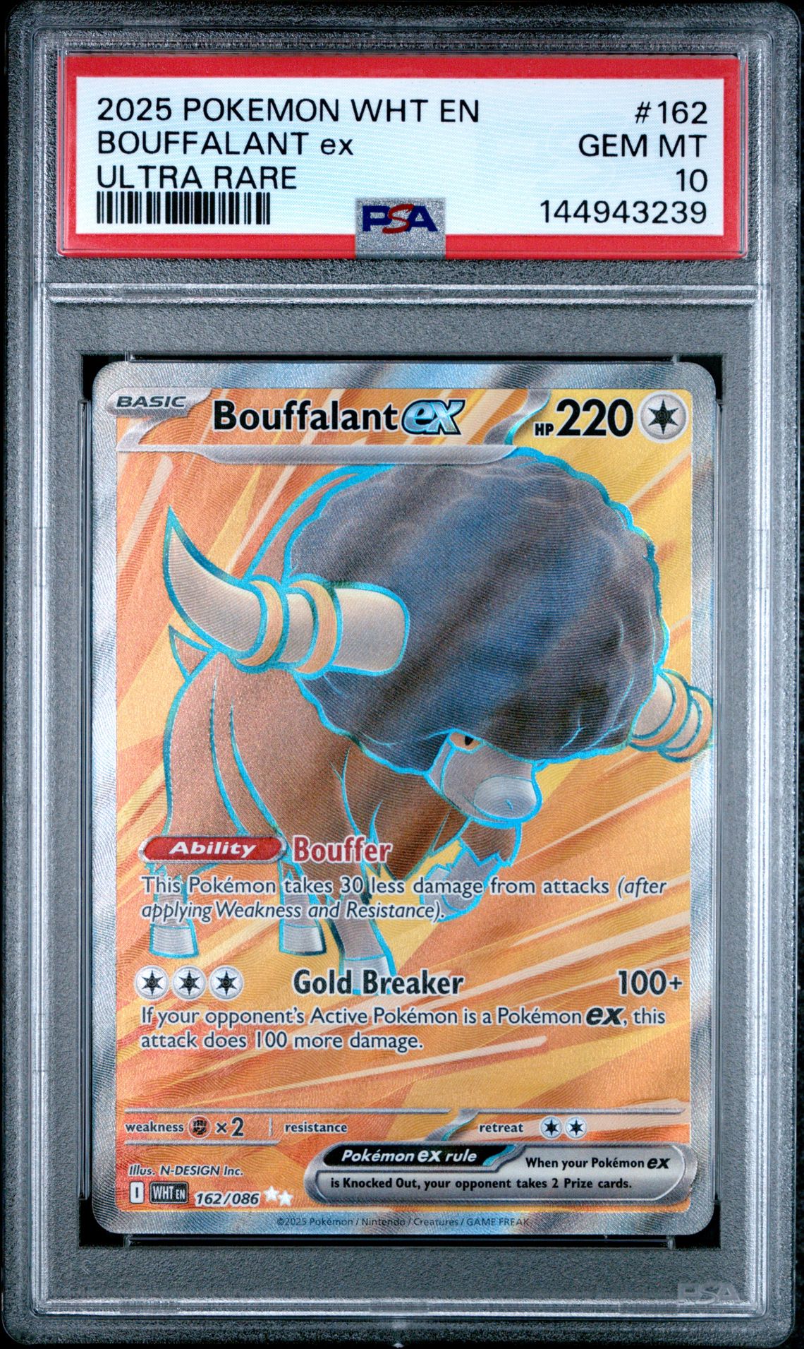 2025 Pokemon Wht En-White Flare Bouffalant Ex #162 (Ultra Rare) Gem Mt 10 front view - PSA graded GEM MT 10
