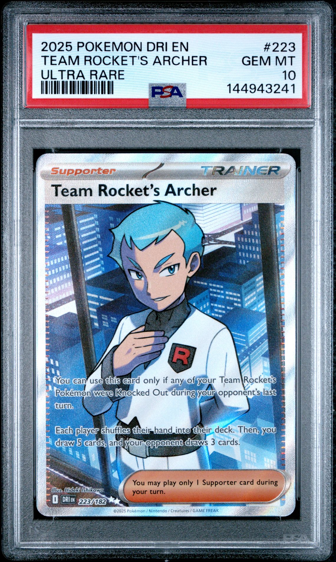 2025 Pokemon Dri En-Destined Rivals Team Rocket's Archer #223 (Ultra Rare) Gem Mt 10 front view - PSA graded GEM MT 10