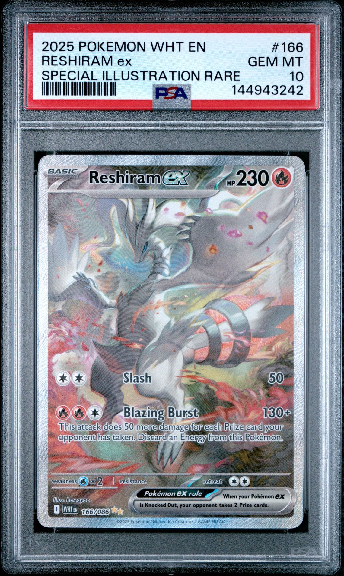 2025 Pokemon Wht En-White Flare Reshiram Ex #166 (Special Illustration Rare) Gem Mt 10 front view - PSA graded GEM MT 10