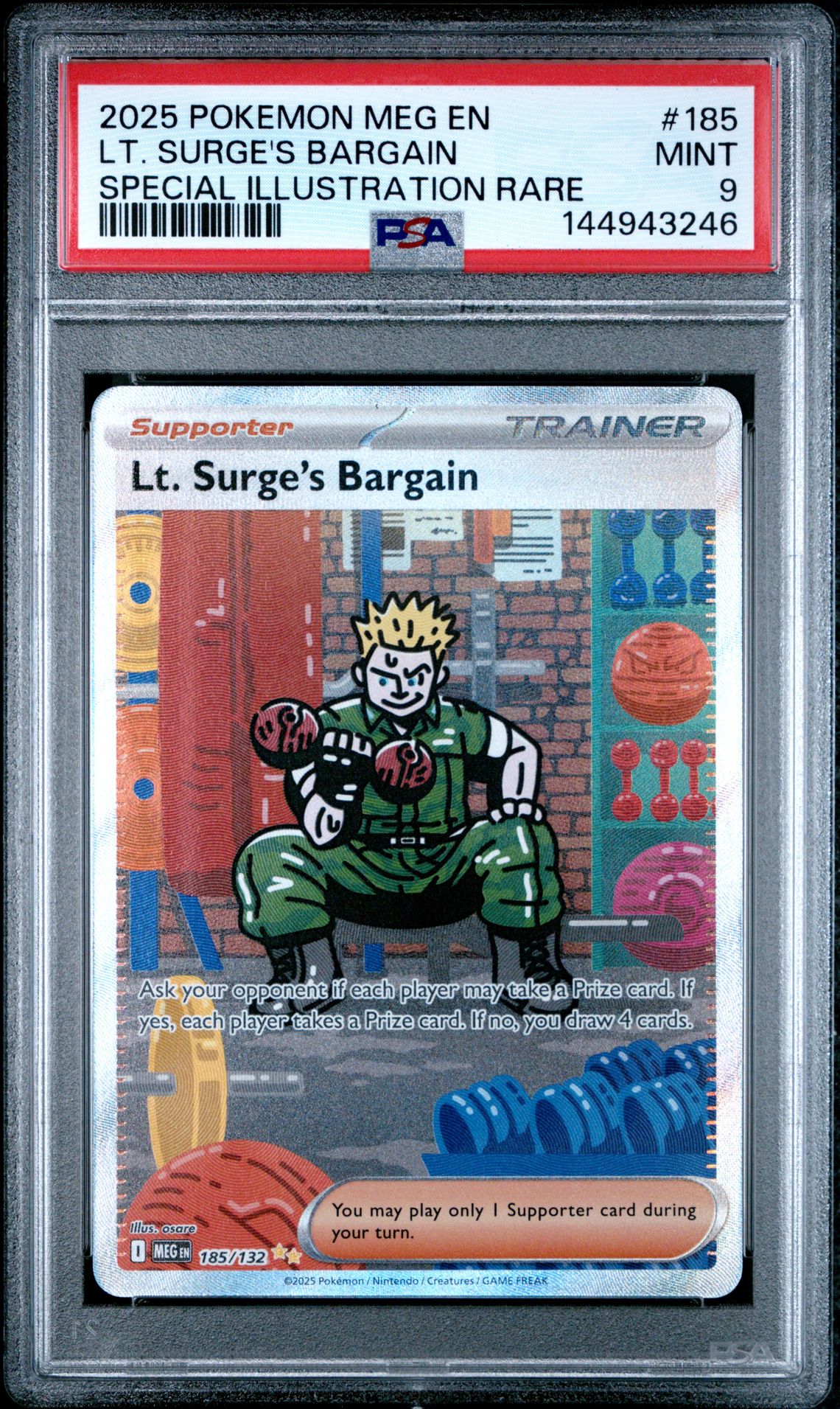 2025 Pokemon Meg En-Mega Evolution Lt. Surge's Bargain #185 (Special Illustration Rare) Mint 9 front