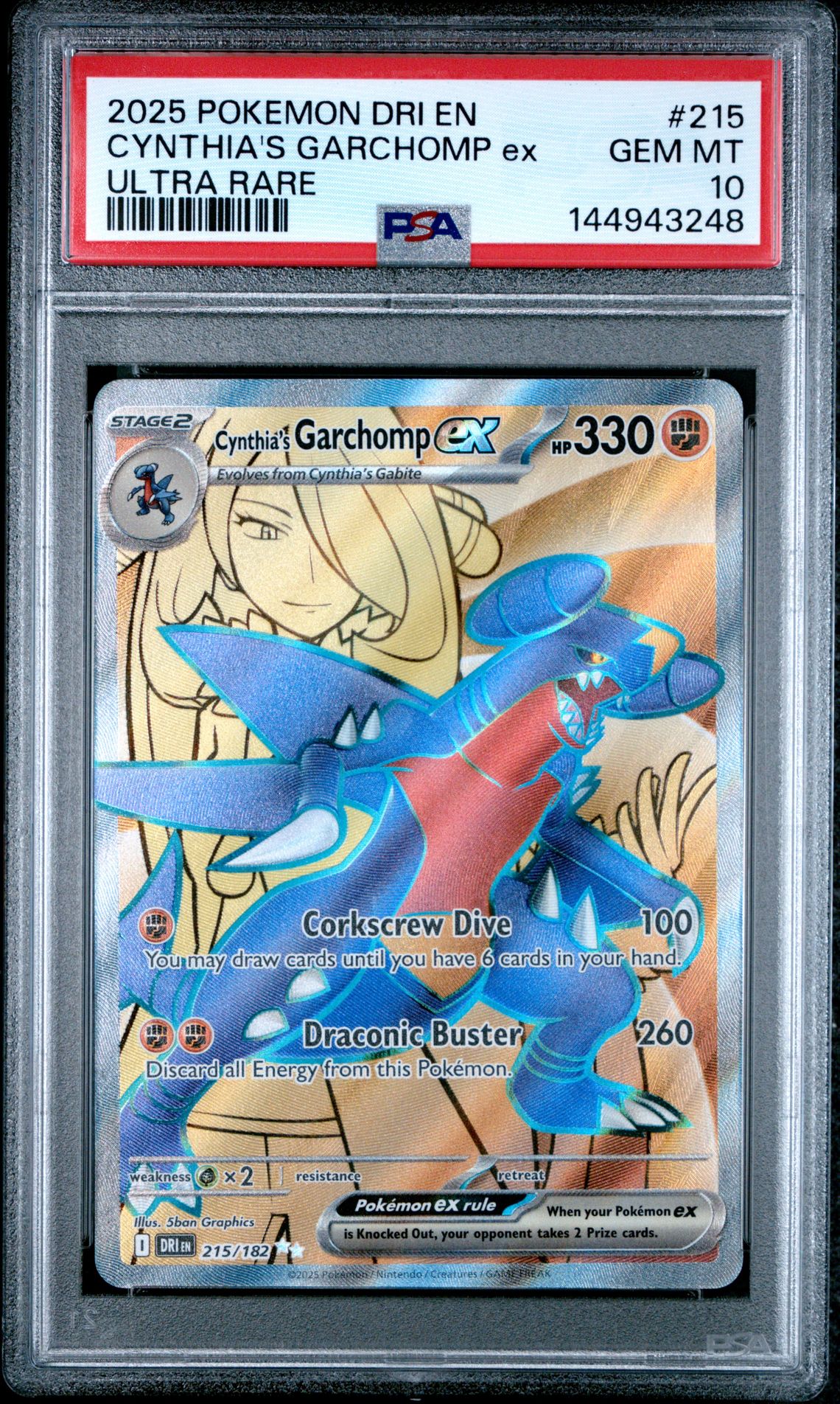 2025 Pokemon Dri En-Destined Rivals Cynthia's Garchomp Ex #215 (Ultra Rare) Gem Mt 10 front view - PSA graded GEM MT 10