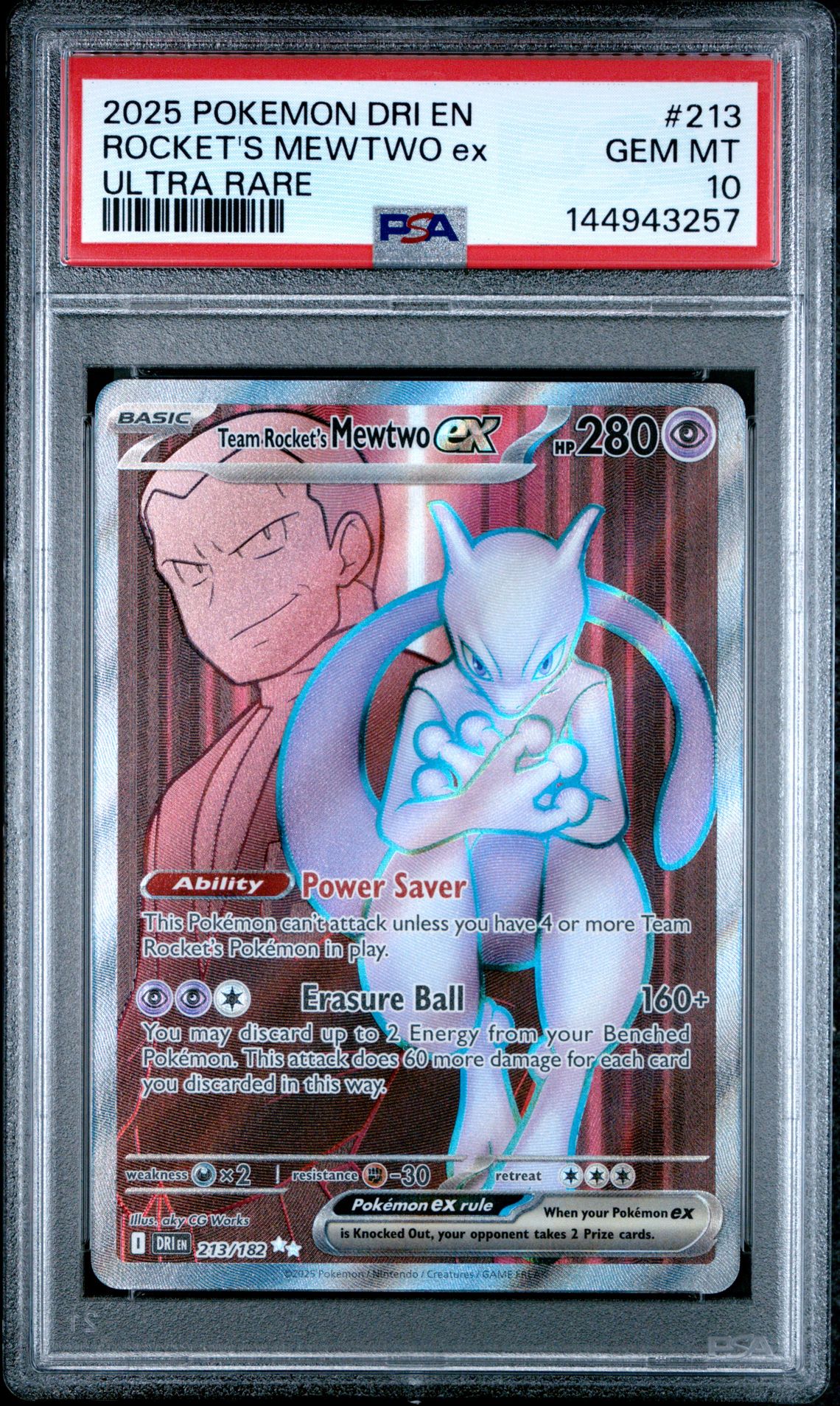 2025 Pokemon Dri En-Destined Rivals Rocket's Mewtwo Ex #213 (Ultra Rare) Gem Mt 10 front