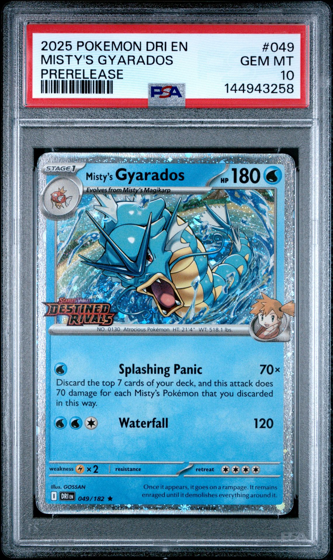 2025 Pokemon Dri En-Destined Rivals Misty's Gyarados #049 (Prerelease) Gem Mt 10 front view - PSA graded GEM MT 10