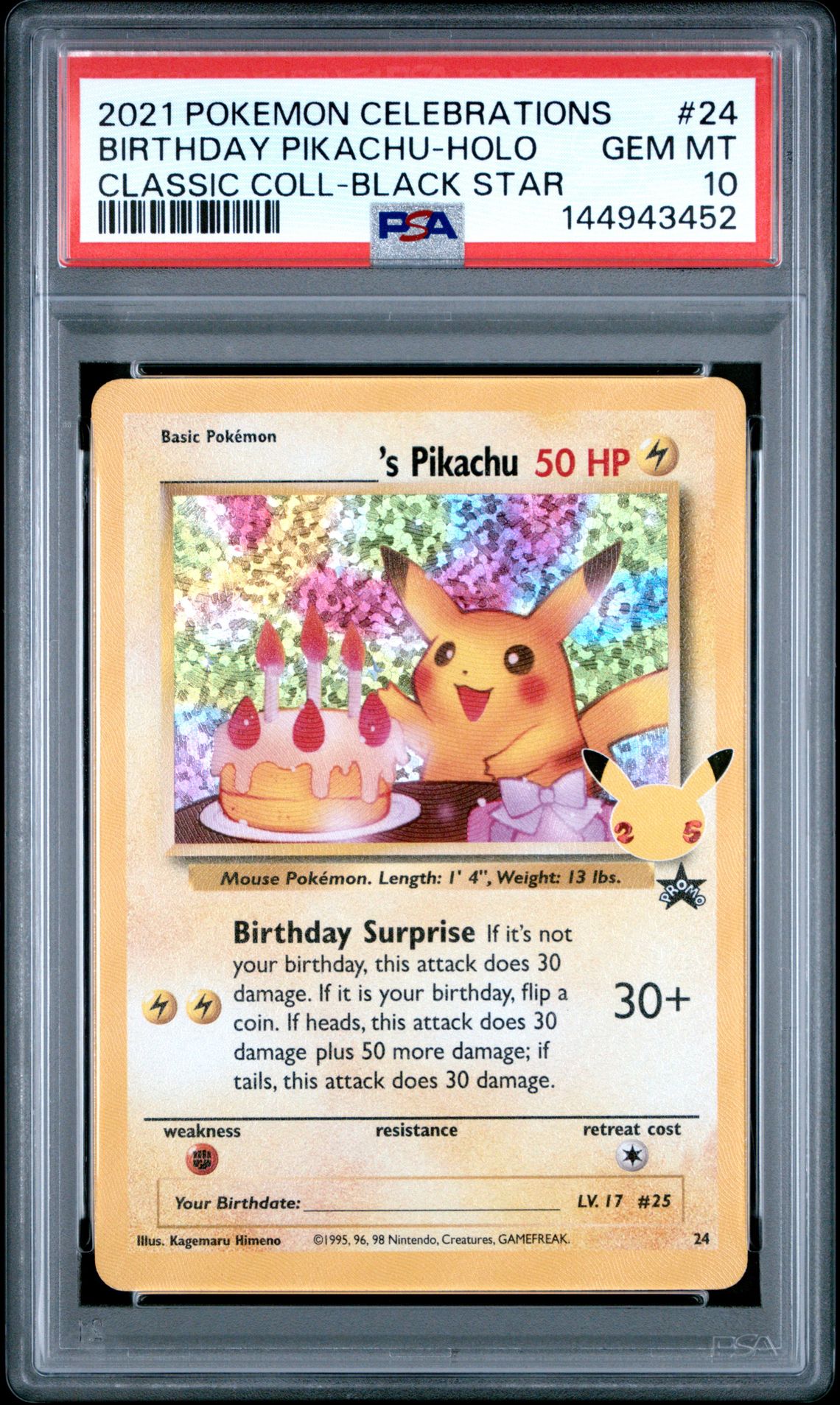 2021 Pokemon Celebrations Classic Collection Birthday Pikachu-Holo #24 (Classic Coll-Black Star) Gem Mt 10 front