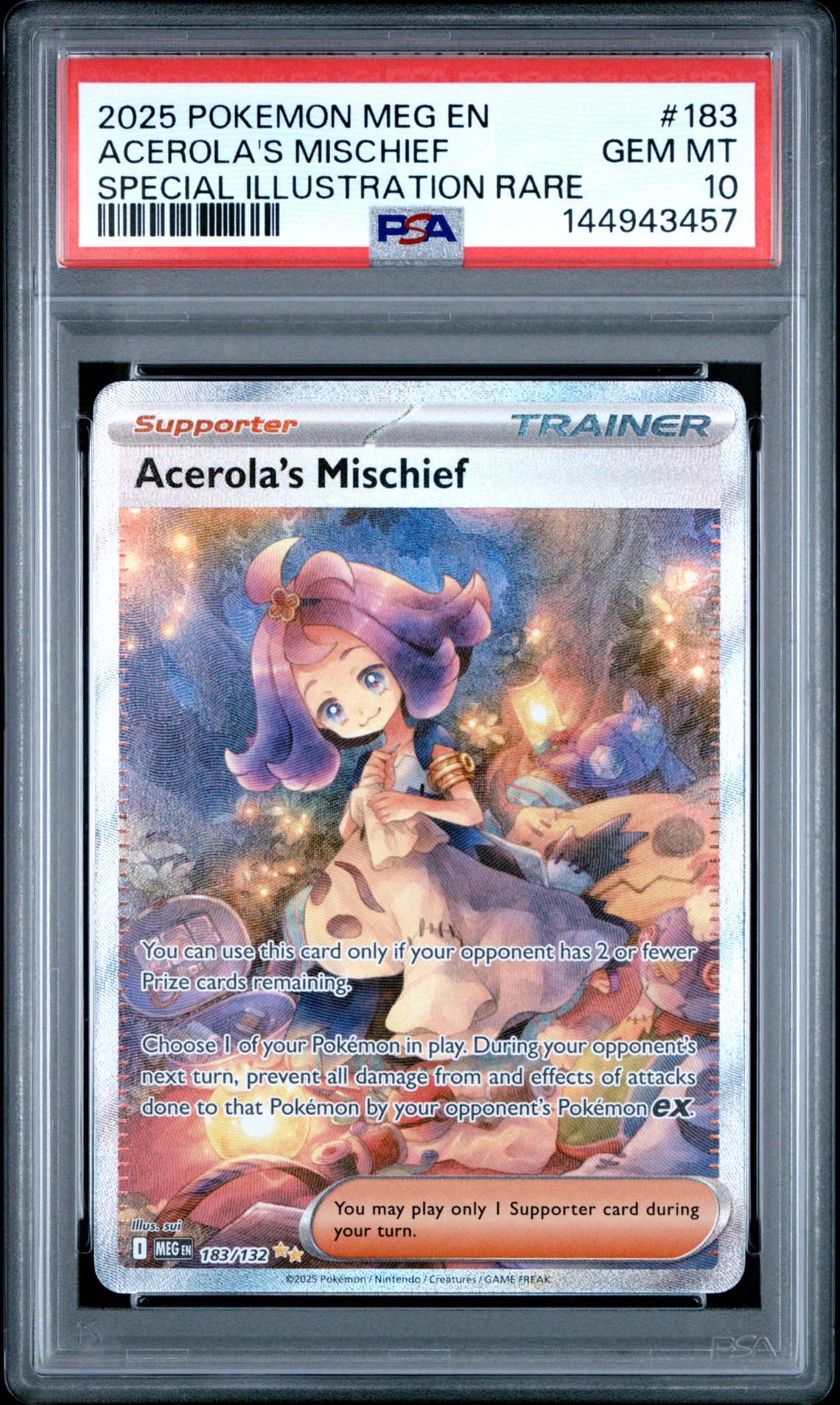 2025 Pokemon Meg En-Mega Evolution Acerola's Mischief #183 (Special Illustration Rare) Gem Mt 10 front