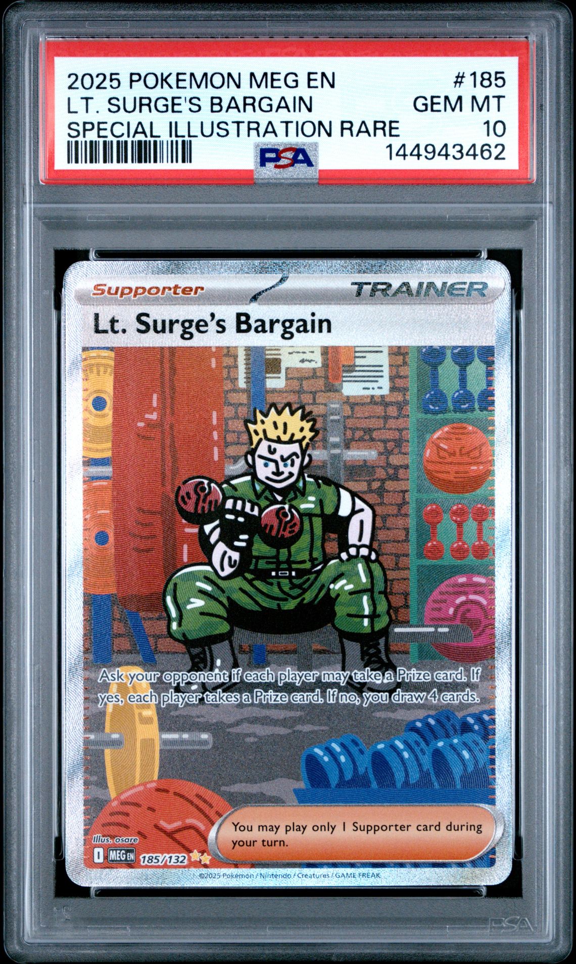 2025 Pokemon Meg En-Mega Evolution Lt. Surge's Bargain #185 (Special Illustration Rare) Gem Mt 10 front