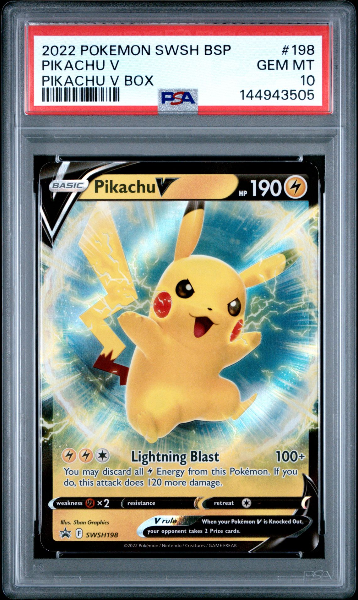 2022 Pokemon Swsh Black Star Promo Pikachu V #198 (Pikachu V Box) Gem Mt 10 front