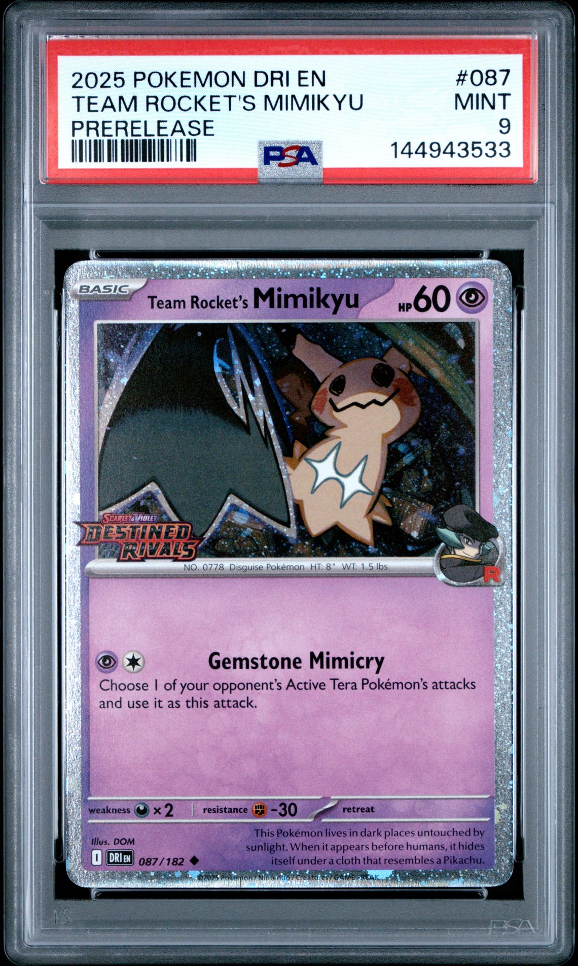 2025 Pokemon Dri En-Destined Rivals Team Rocket's Mimikyu #087 (Prerelease) Mint 9 front