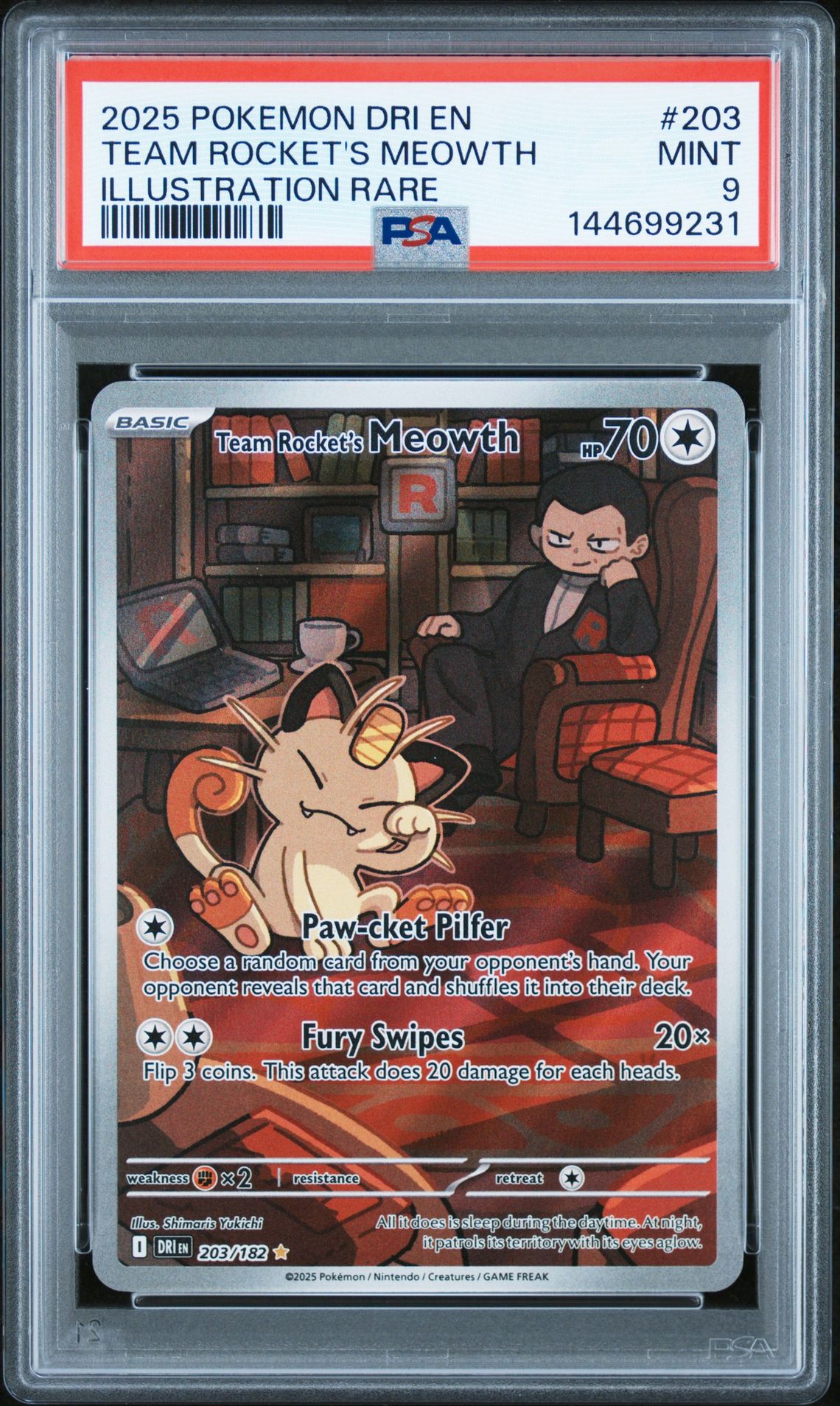 2025 Pokemon Dri En-Destined Rivals Team Rocket's Meowth #203 (Illustration Rare) Mint 9 front